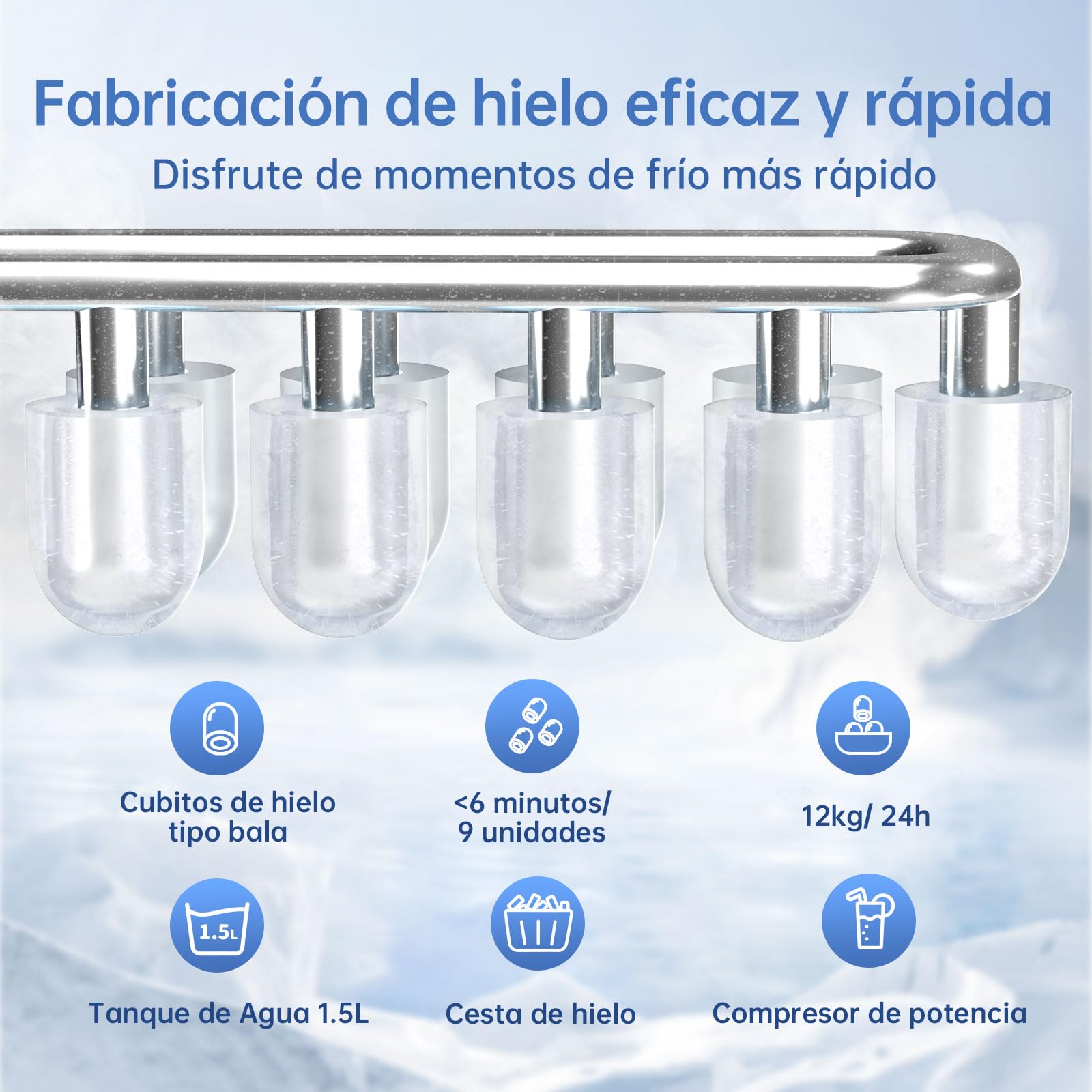WIE Máquina de Hielo, 1.5L Autolimpiable Máquina para Hacer Hielo, 2 Tamaños de Hielo, 9 Cubitos Listos en 6 Minutos, con Asa, pala y Cesta para Hielo, Ideal para Cocina/Oficina/Bar, Acero Inoxidable