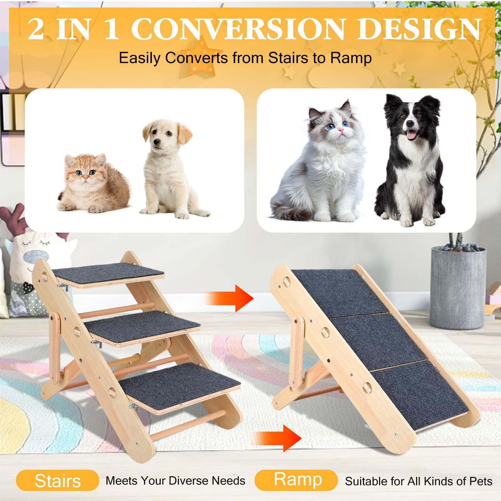 Escalera para perros, 2 en 1, escalera para perros pequeños y gatos, 3 niveles, plegable y portátil, escalera para mascotas para cama, sofá y coche, antideslizante
