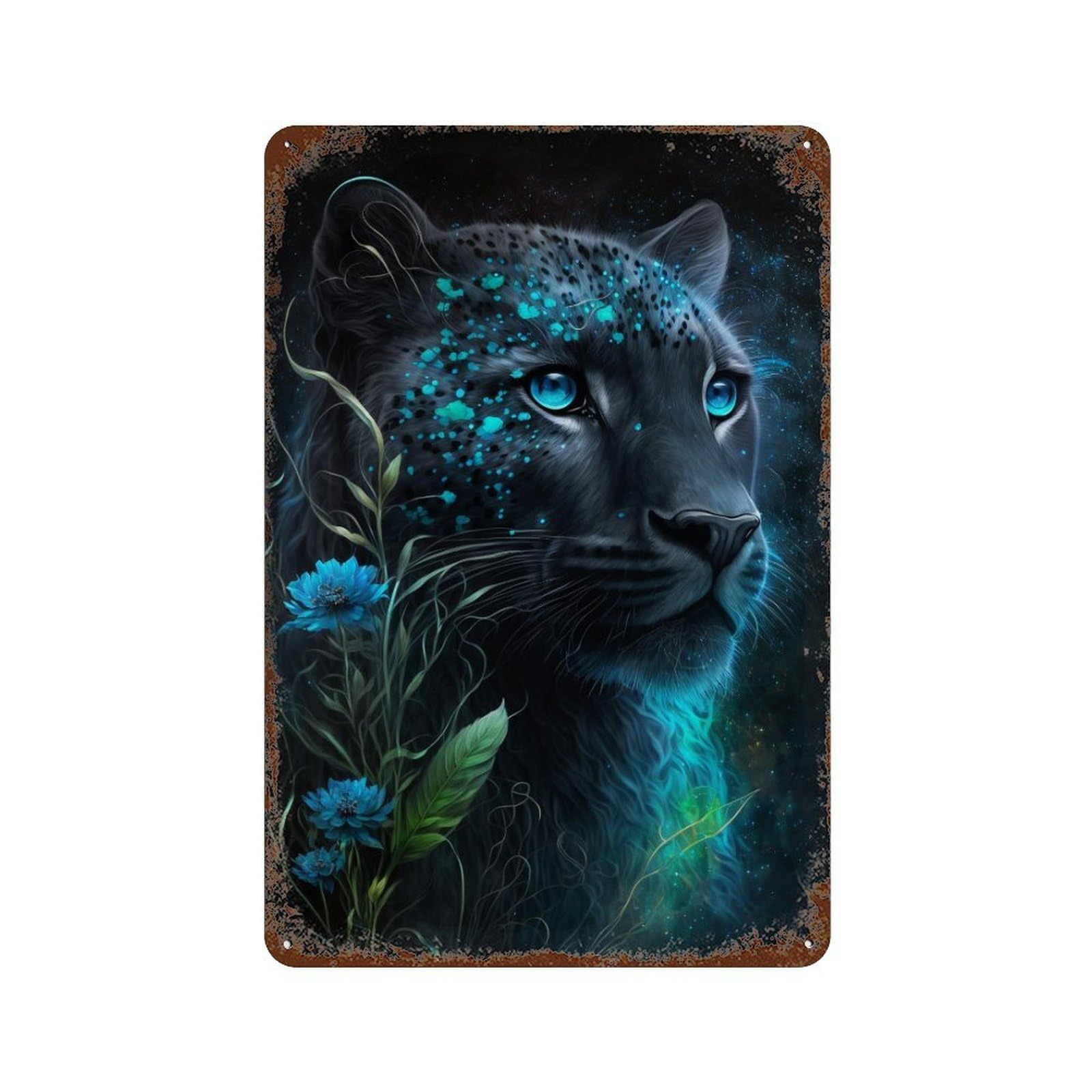 Enchanted Leopard with Blue Flowers 11.8"x7.9" Decorative Tin Sign, Retro Wall Decor for Garage, Bar And Workshop Decor