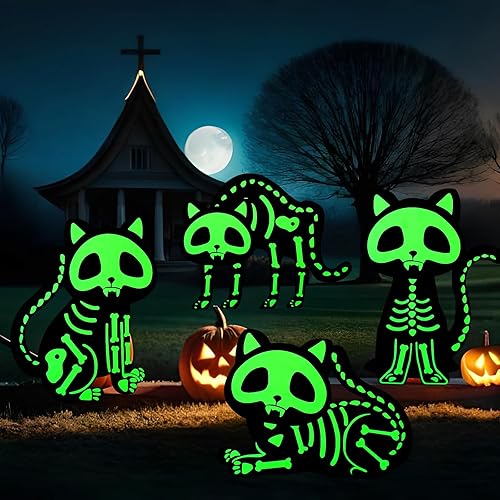 Miniatura 4 de Decoraciones de Halloween para patio, letreros de gato al aire libre que brilla en la oscuridad, esqueleto de gato con estacas para espeluznante