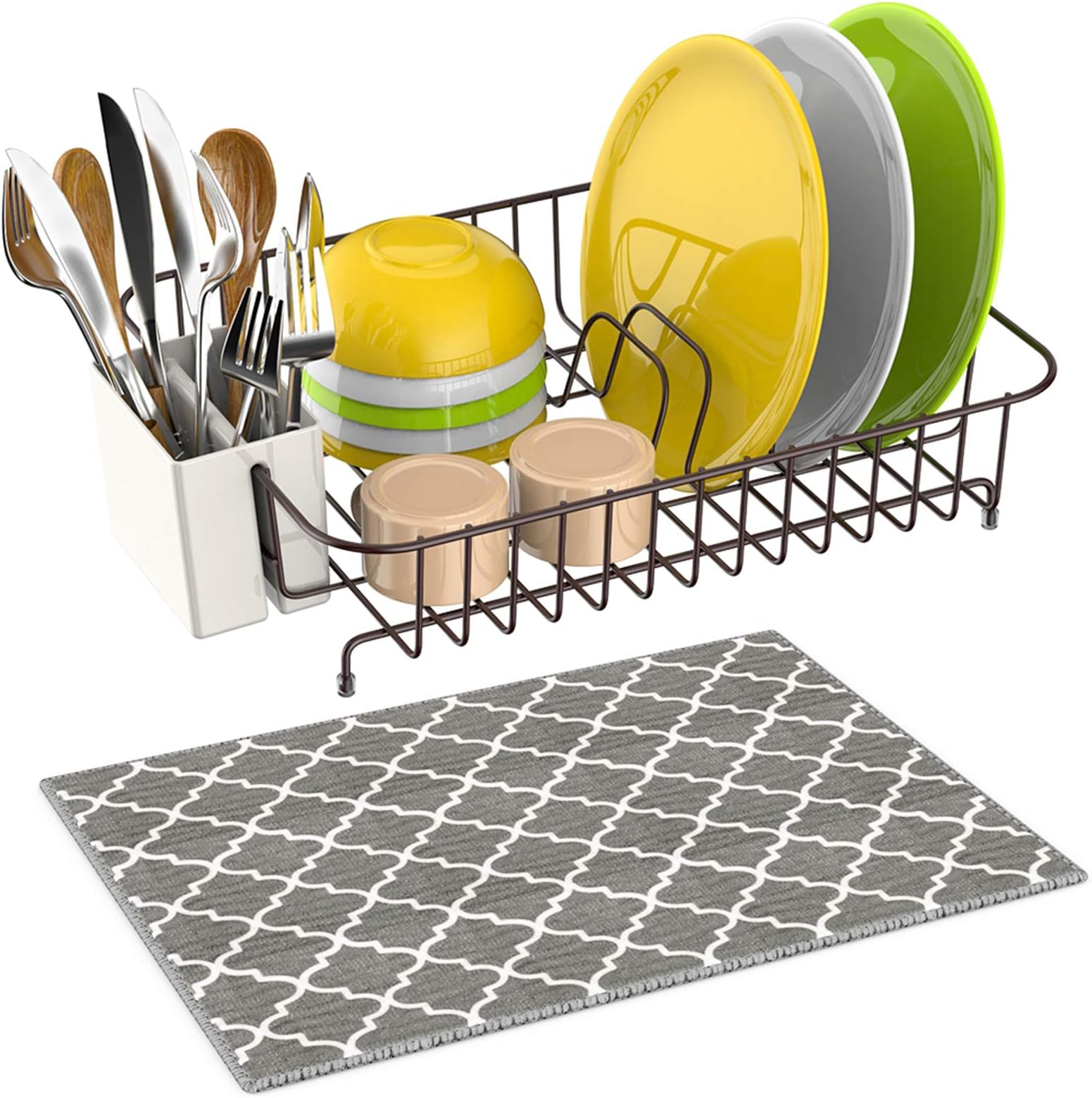 Dish Drying Rack, iSPECLE Dish Rack with Utensil Holder, Microfiber Dish Drainer Mat with Dish Rack Wire for Kitchen Counter Top, Polished Prevent Rust Dish Holder, Classic Bronze Coating