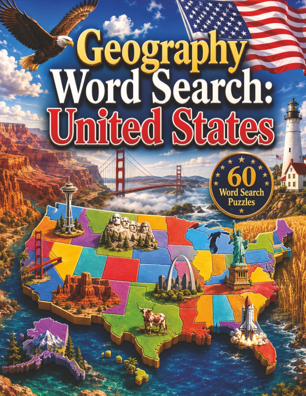 Geography Word Search: United States — 60 Puzzles: Large Print Word Search Book for Kids and Adults | Explore Every State, City, and Landmark Across America