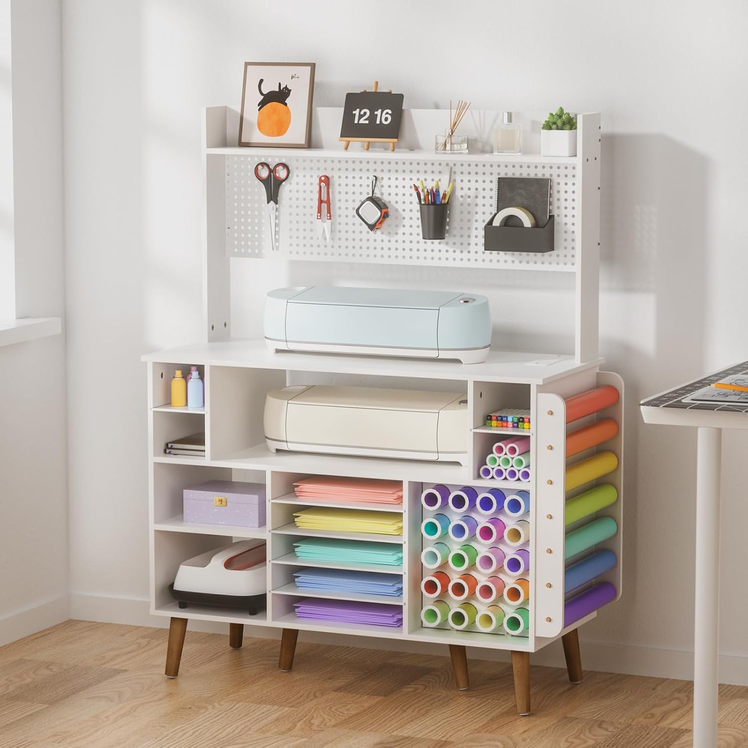 Organization and Storage Table Compatible with Cricut Machines - Craft Room Furniture,Craft Storage Table with Power Outlet,Craft Table for Vinyl