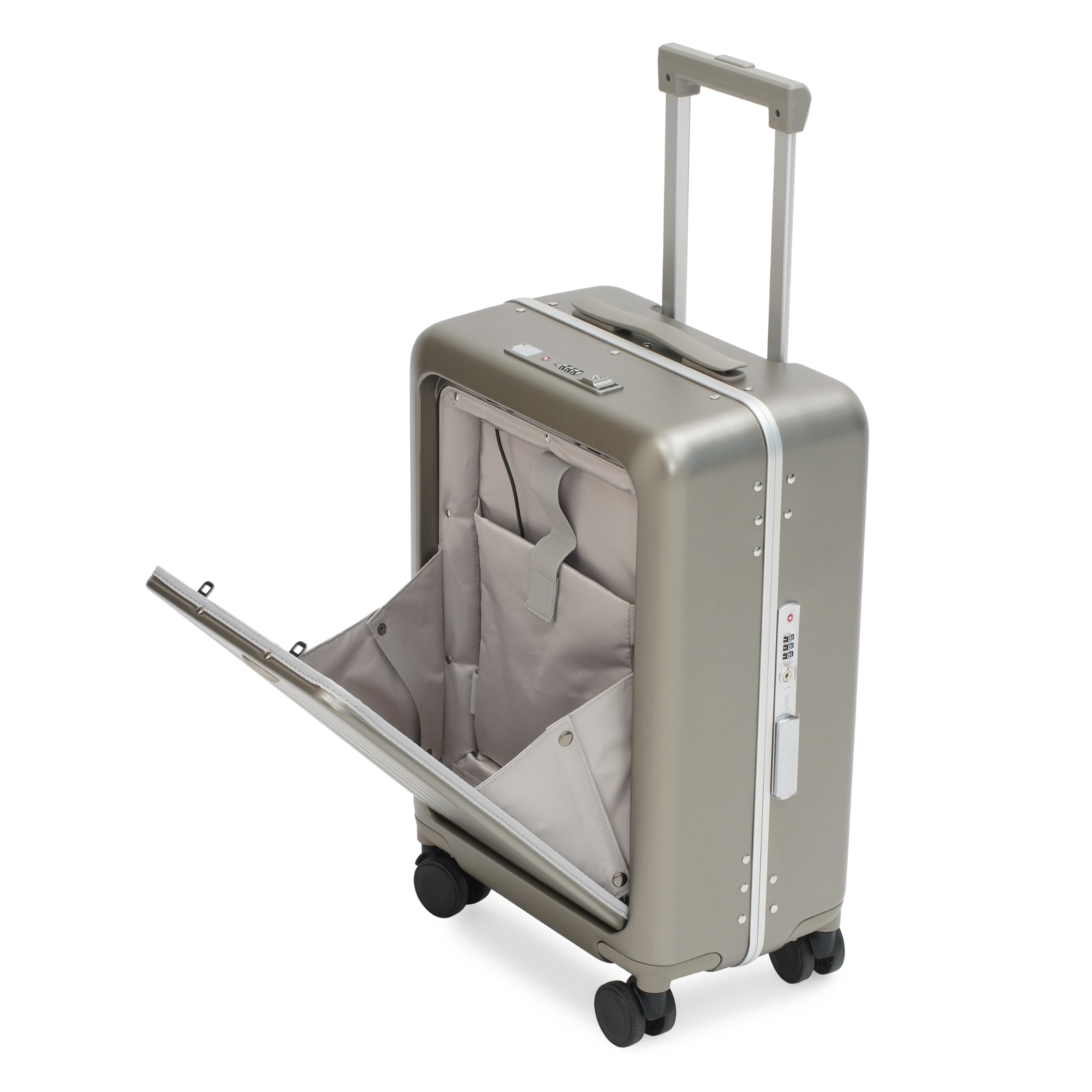 bristol antitheft zipperless trolley dual tsa lock, makrolon polycarbonate, 360° wheels, cup holder, inbuilt usb & c cable and port, 14" laptop compartment, 44l (free cover) gold