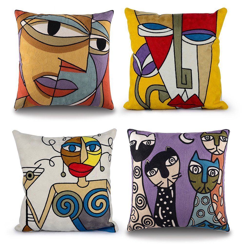 Topfinel Set of 4 Picasso Cushion Covers 45 x 45 cm Cotton Linen Embroidered Cushion Covers Sofa Decoration Living Room Scandinavian Bedroom Bed Chair Design Abstract Face Design Vintage Colourful