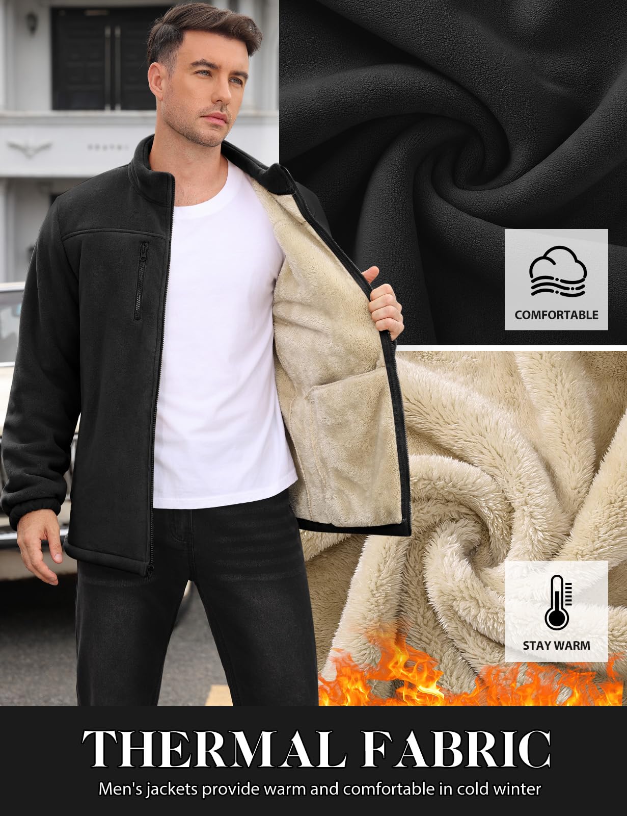 TOMEEK Veste Polaire Homme Hiver Fleece Jacket Full Zippé Chaude Manteau Hommes Blousons avec Poches sans Capuche de Randonnée Travail Epaisse Thermique Blouson