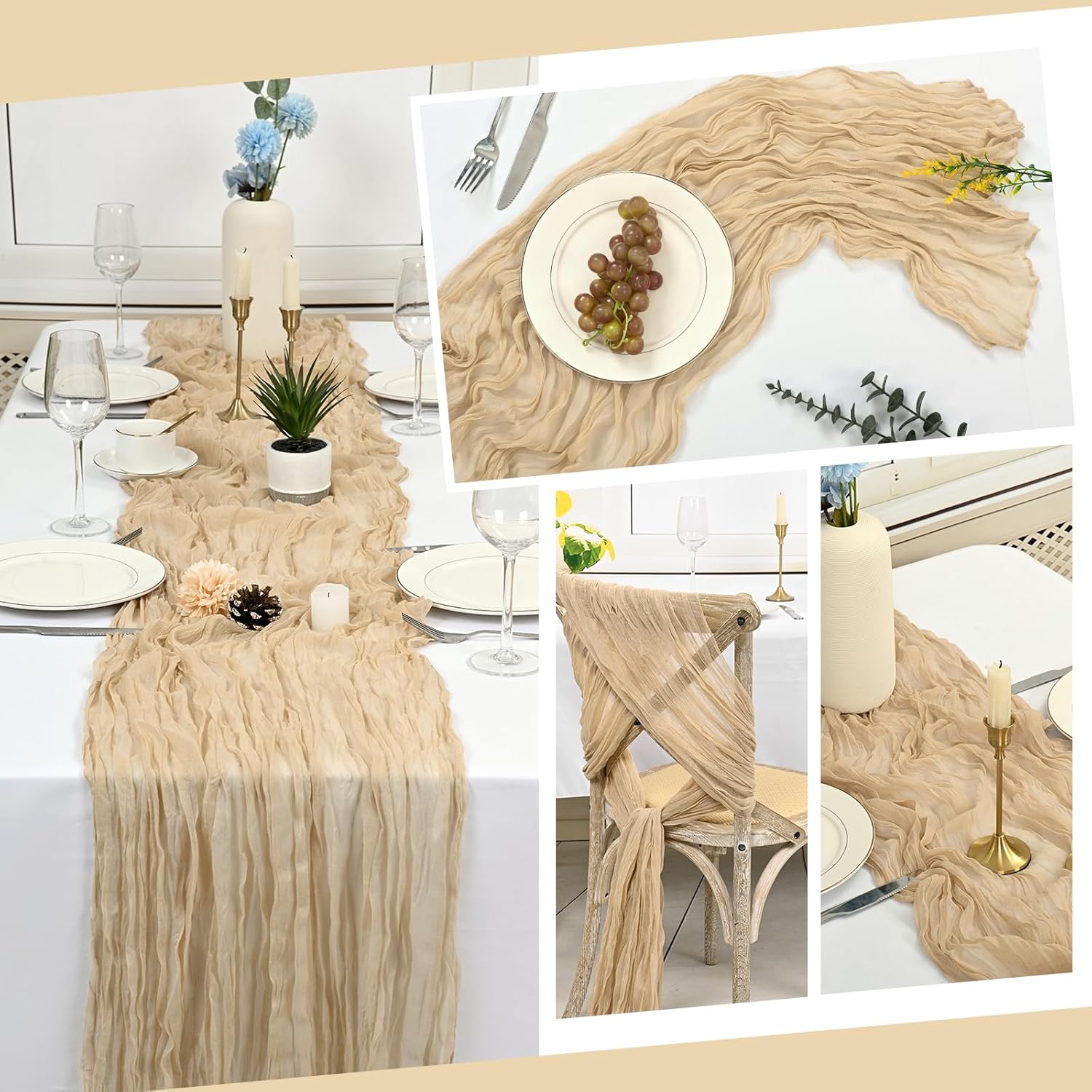 10 Pack Beige Cheesecloth Table Runner 17x108 Inch Semi Sheer Boho Gauze Cheese Cloth Table Runners, for Wedding Bridal Shower Birthday Party Home Decor Garden Farmhouse