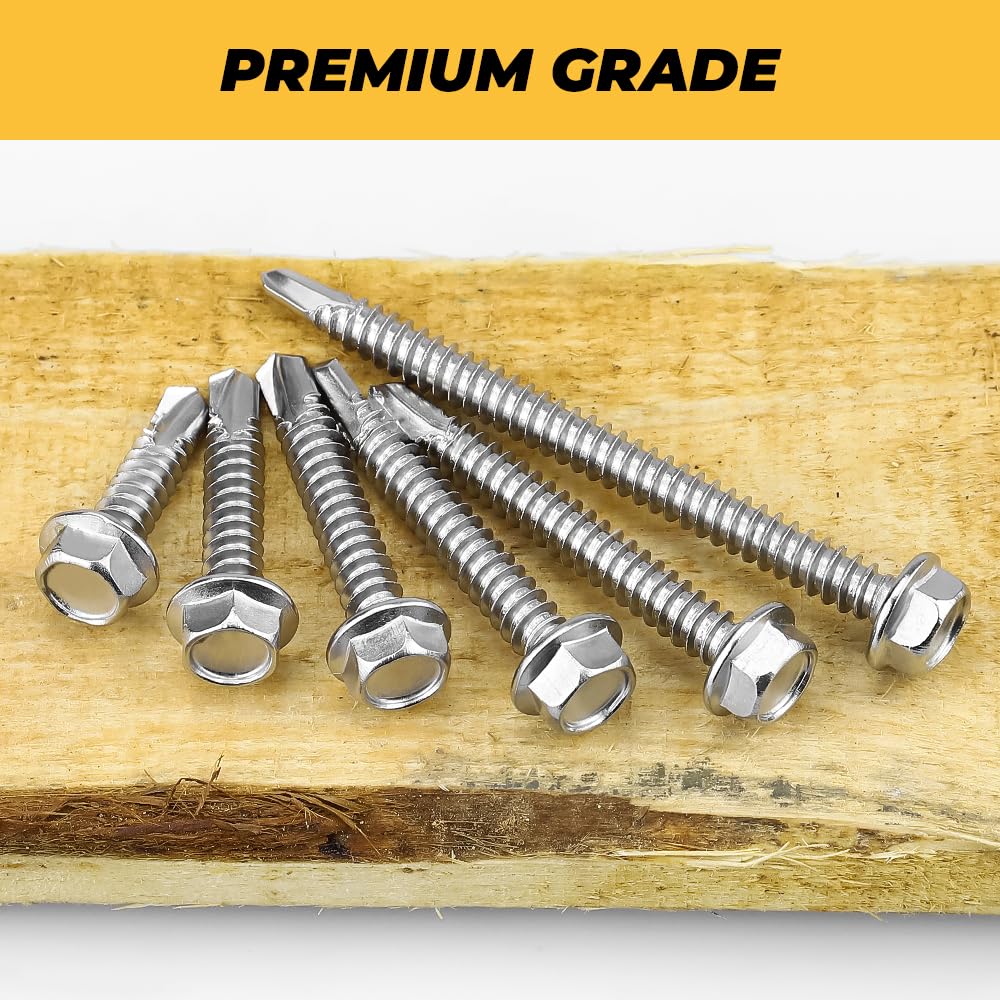 50-Pack #14 x 2-1/2" Hex Washer Head Self Drilling Screws, Rust-Resistant 410 Stainless Steel Sheet Metal Screws, Includes Bit