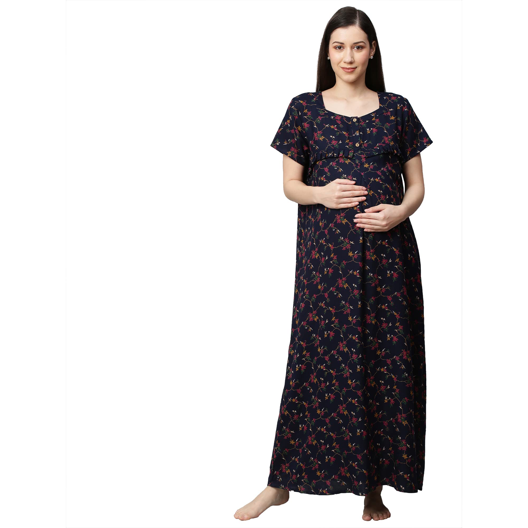 MomToBe Women's Cotton Blend Maxi Maternity Nighty/Feeding Nighty/Pregnancy Night Gown/A-Line Nursing Nighty with Zippers for Nursing Pre and Post Pregnancy - Floral Print