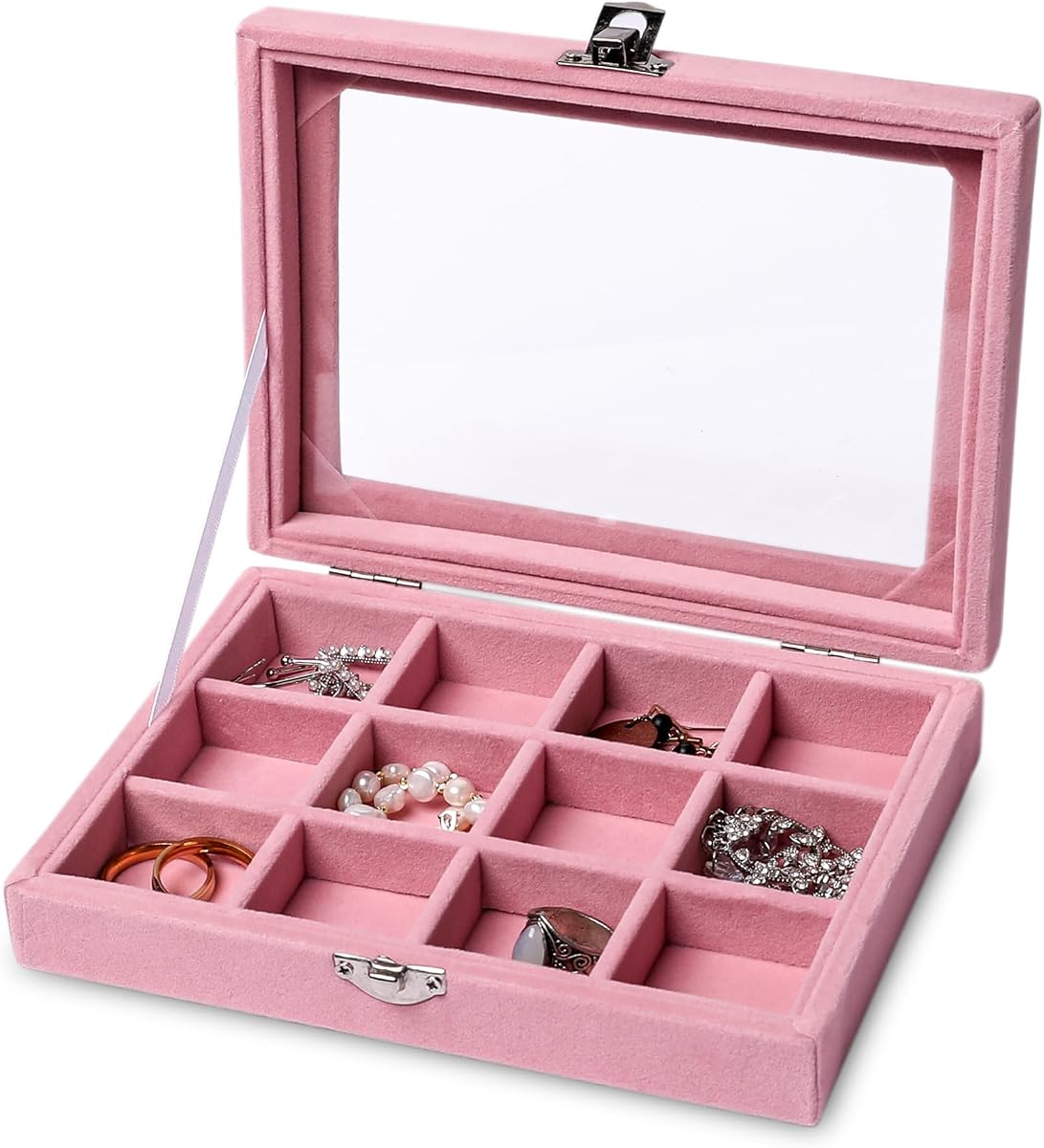 Pequeña bandeja organizadora de pendientes de 12 rejillas, joyero de terciopelo con tapa | Bandeja de joyería con tapa, divisores ajustables, forro de terciopelo, caja organizadora de pendientes, vitrina, inserto de cajón, regalo para mujer