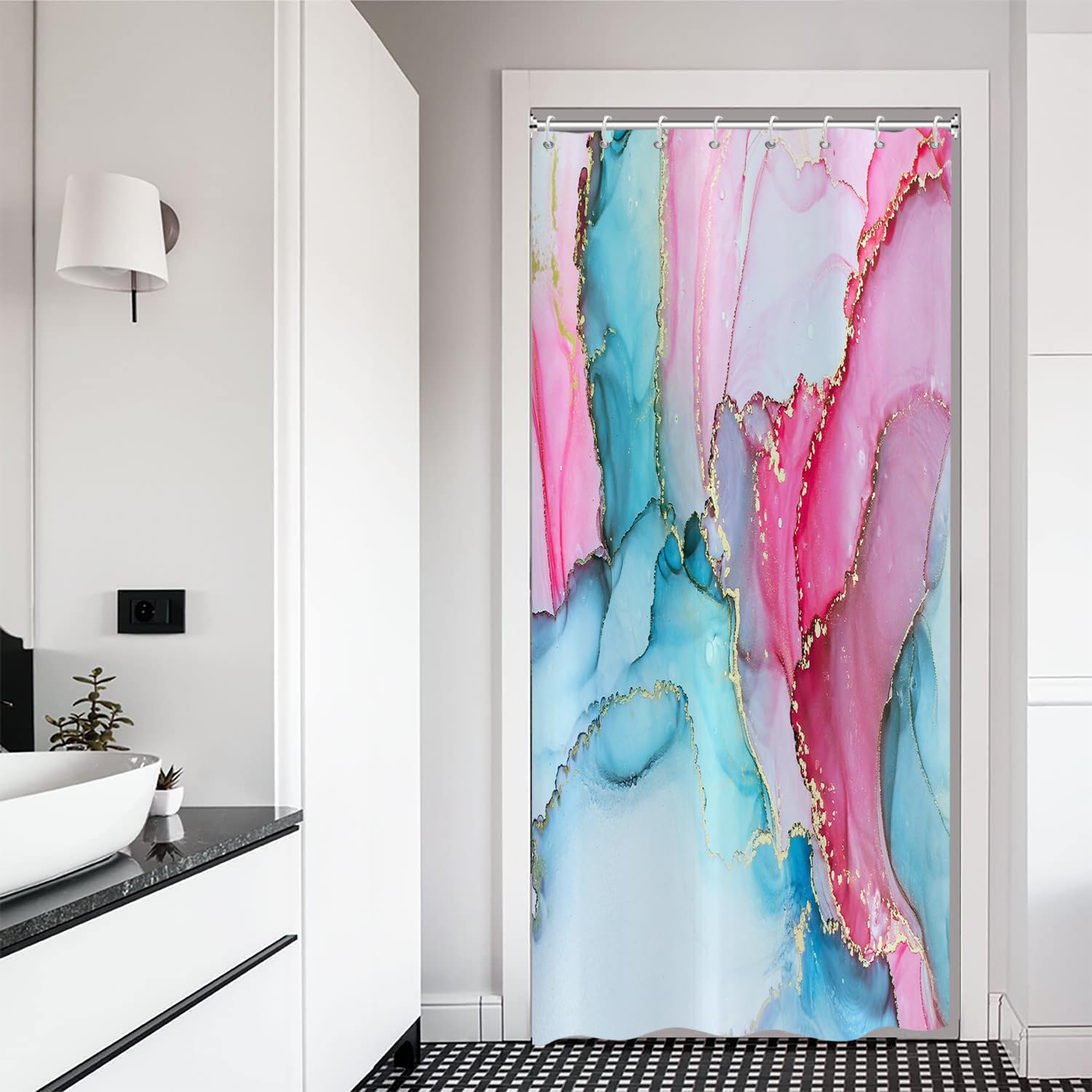 ASDCXZ Marble Shower Curtain 120x200 cm, Modern Abstract Blue Rose Red Gold Marble Optic Texture Washable Bath Shower Curtains Polyester Textile Waterproof Shower Curtain for Bathtub with 8 Hooks
