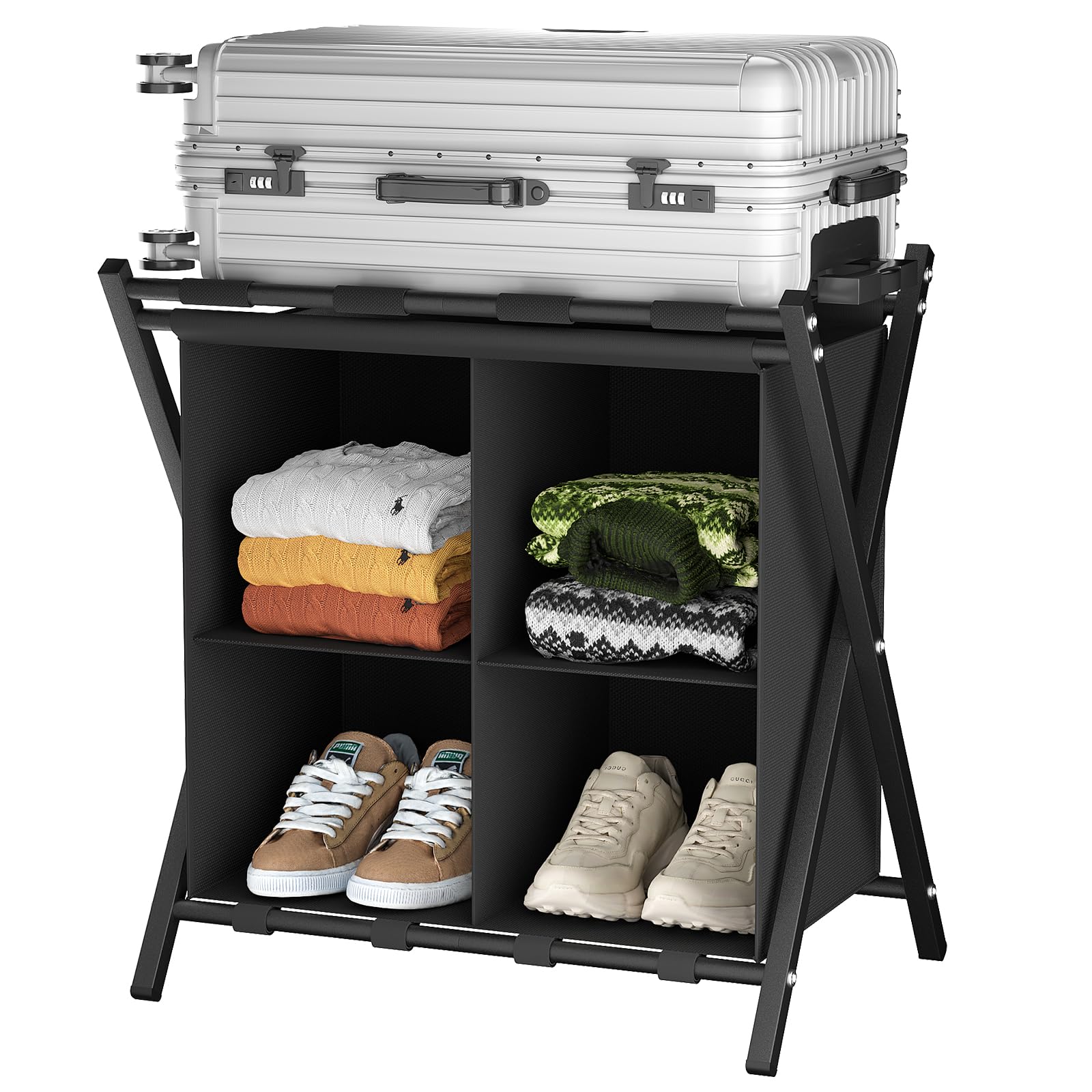 Garden 4 you Soporte para maletas, plegable, bandeja para equipaje, soporte para maletas, maletero, soporte para maletas, con compartimentos de almacenamiento para dormitorio, habitación de invitados