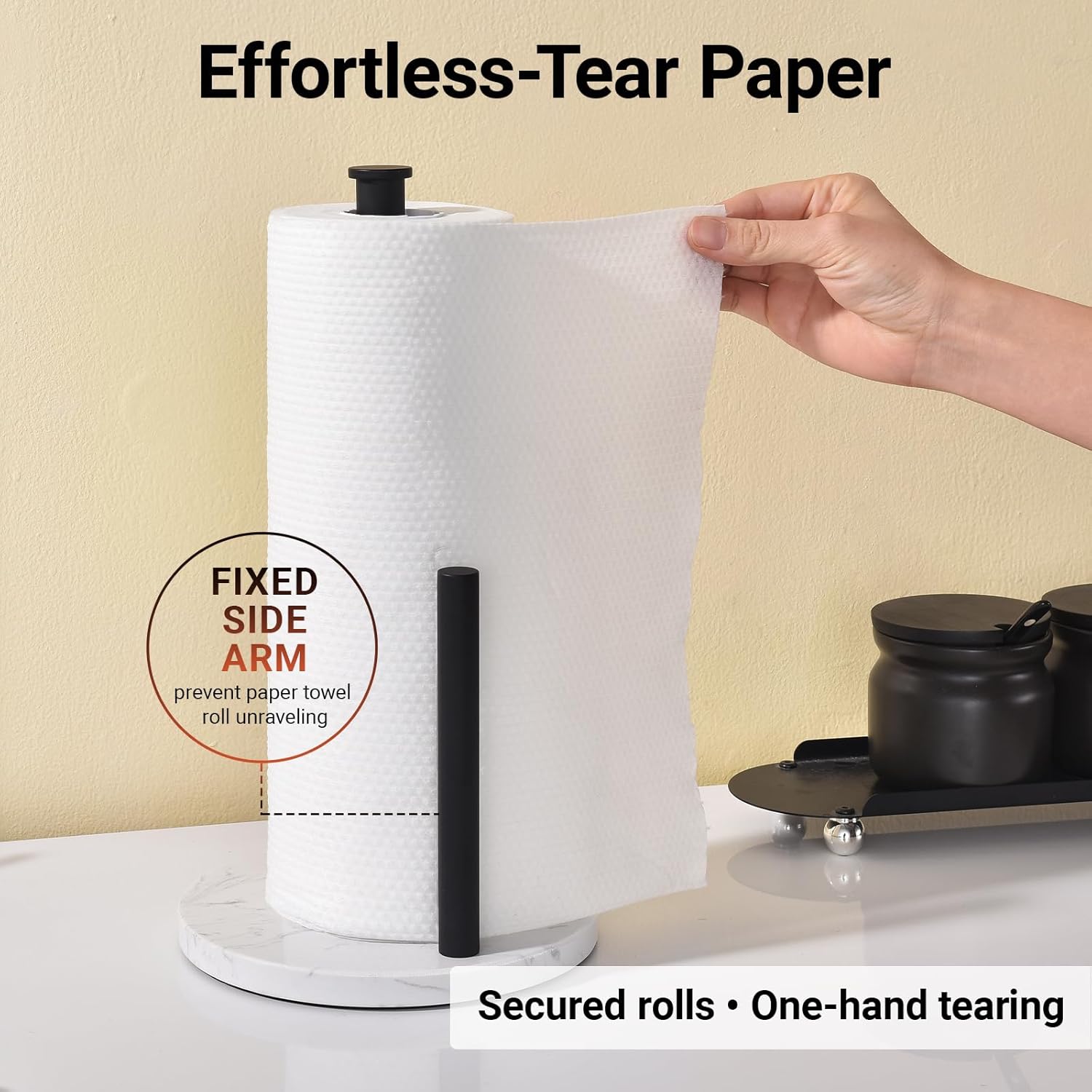 Hoooh Matte Black Paper Towel Holder Countertop with Non-Slip Marble Base - Rust-Resistant Stainless Steel, Freestanding for Kitchen Organization