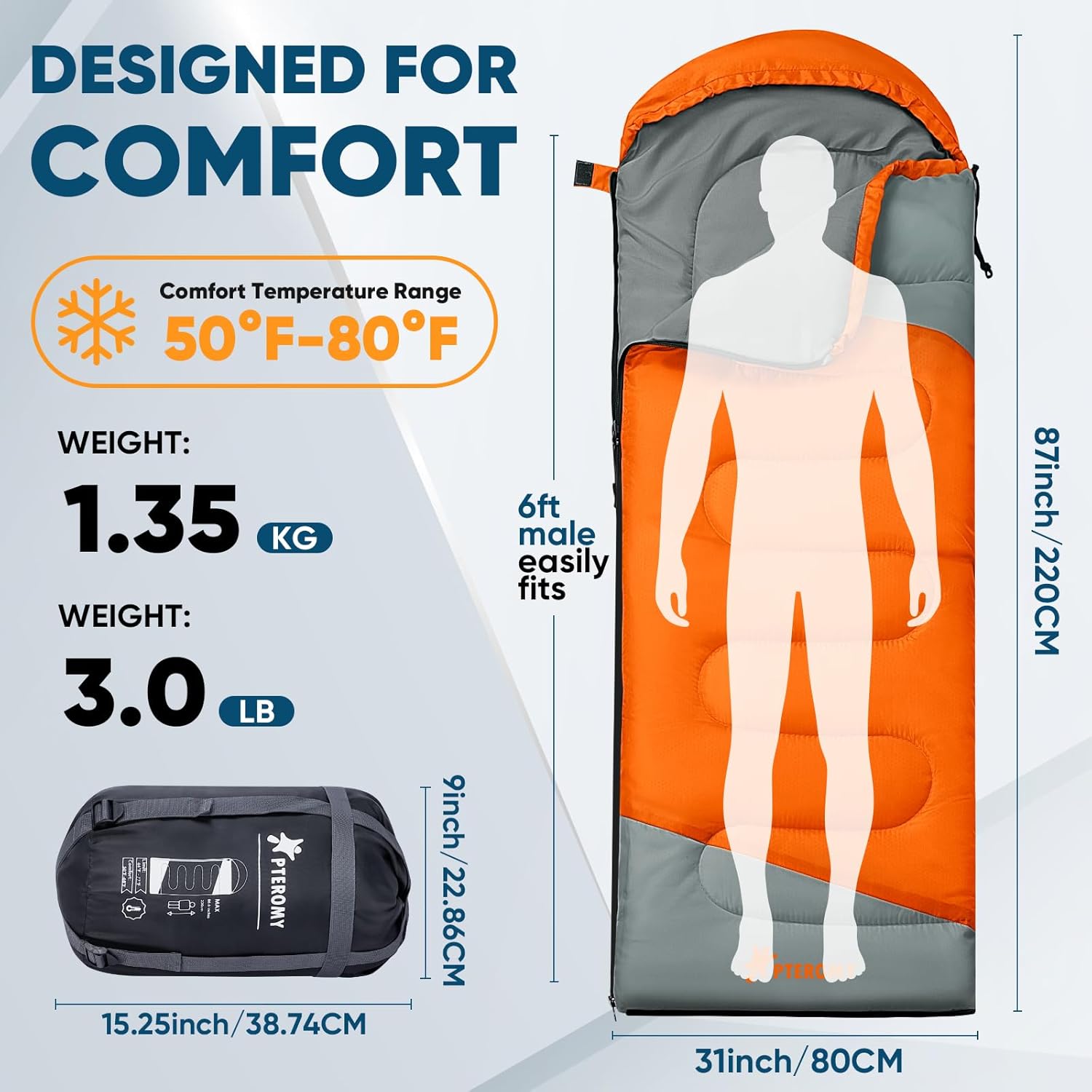 PTEROMY Sleeping Bags for Adults, Lightweight and Machine Washable, Water Resistant Backpacking Camping Sleeping Bag for Warm Cold Weather, Camping Essentials for Hiking Travel