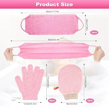 6Pcs Exfoliating Gloves Set, Dead Skin Removal in Shower and Bath, Deep Cleansing Exfoliating Mitt and Shower Towel, Gentle for Face and Body (Pink)