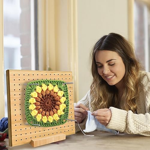 Miniatura 7 de Tabla de bloqueo de ganchillo de bambú para amantes del ganchillo, tabla de bloqueo cuadrada para tejer con 10 pasadores de barra de acero