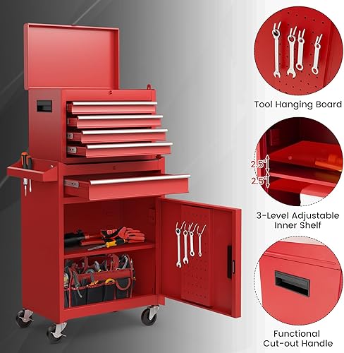 Miniatura 29 de Goplus Cofre de herramientas con ruedas de 5 cajones, caja de almacenamiento de herramientas, gabinete de herramientas extraíble, organizador