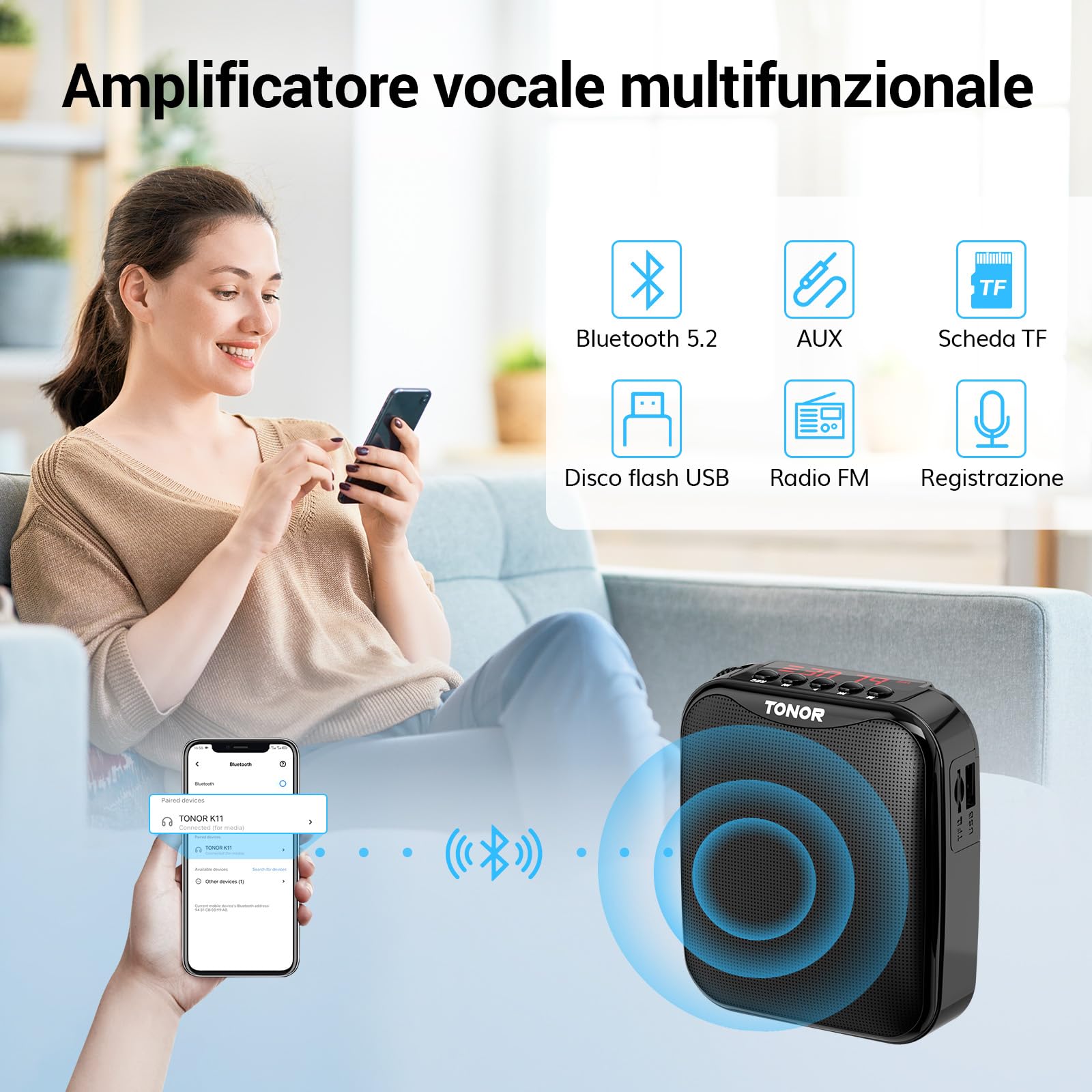 TONOR 15W Amplificatore Vocale Portatile per Insegnanti, Amplificatore Vocale Bluetooth con Microfono per Cuffie Wireless, Sistema PA Ricaricabile per Insegnamento/Istruttori di Fitness/Discorso, 25 M