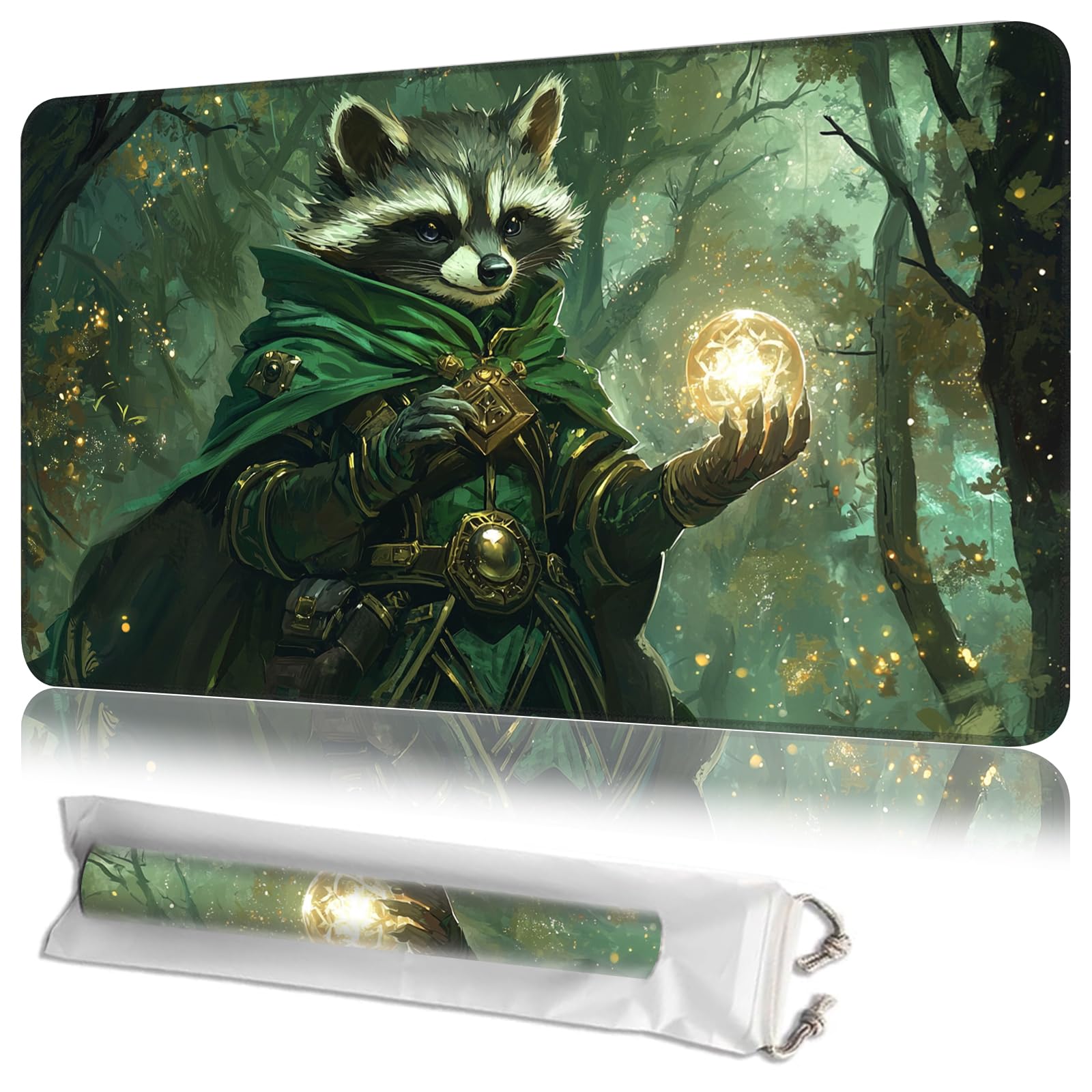 JANENFNA TCG Card Playmat 24" x 14" with Storage Bags for MTG Game Play Mats, Premium Stitched Non-Slip Rubber Tabletop Magic Play Mats Desk Duel Card Breaking Mats, Forest Sorcerer Raccoon
