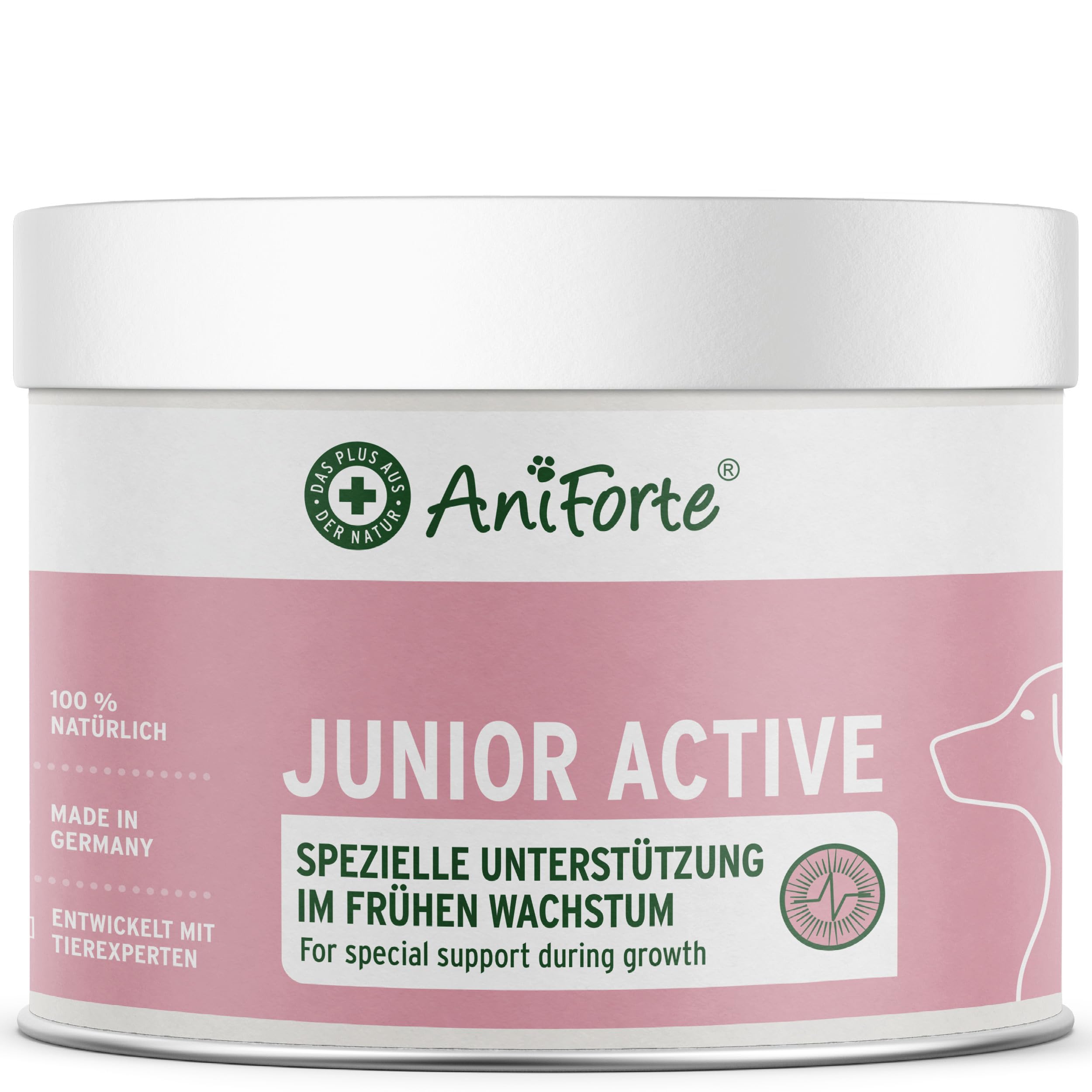 AniForte Junior Active para Cachorros y Perros jóvenes 250g - para el Desarrollo de Huesos, tendones, ligamentos y Dientes. Suplemento para Cachorros con Calcio, vitaminas y minerales