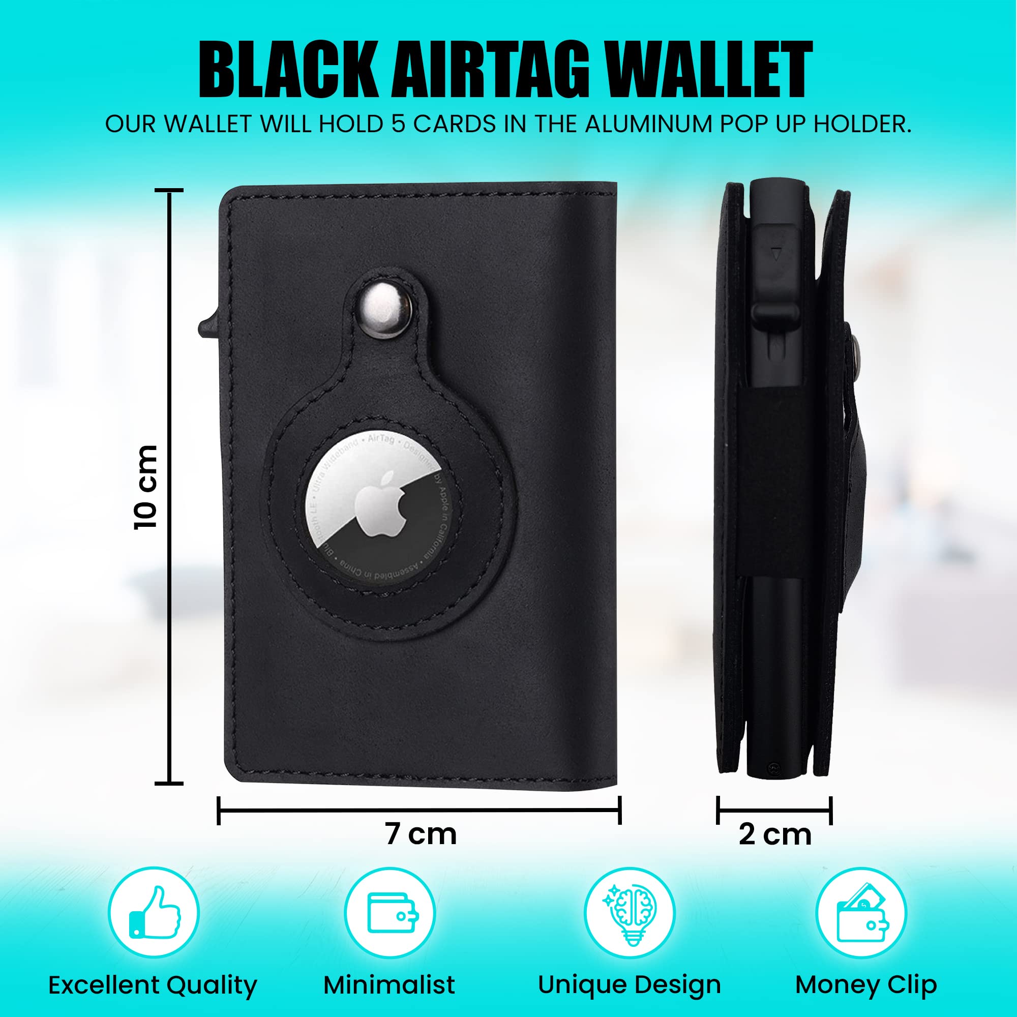 Airtag Wallet Case (Airtag Not Included) - Genuine Leather Wallet for Men - 5-6 Pop Up Credit Cards Money Holder, RFID Blocking - Slim, Thin, Trifold Wallet Air Tag Holder - Magnetic Close (Black)
