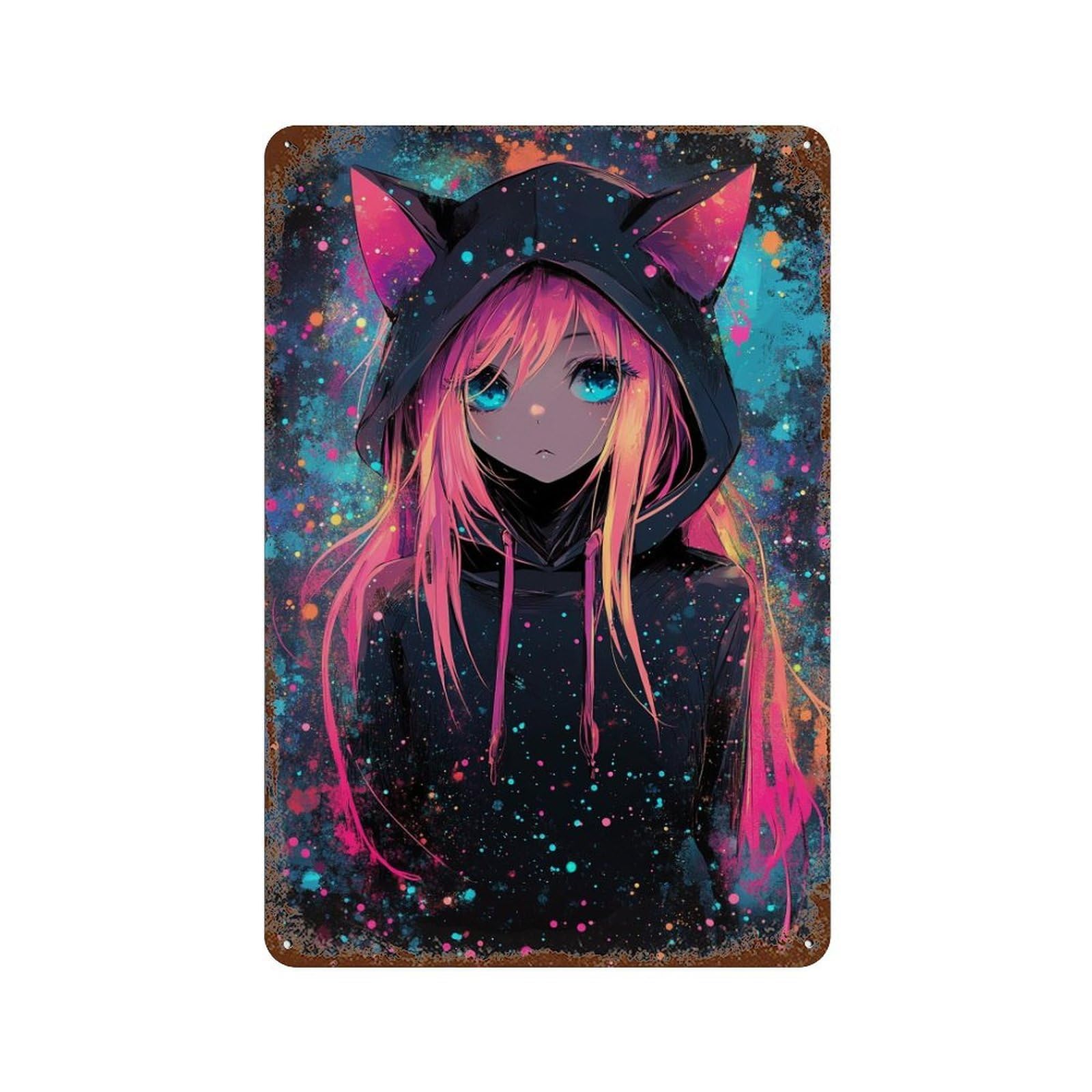 Neon Anime Hoodie Girl Rust Effect Tin Sign 11.8"x7.9", Farmhouse Wall Decor for Living Room, Hallway And Home Decor
