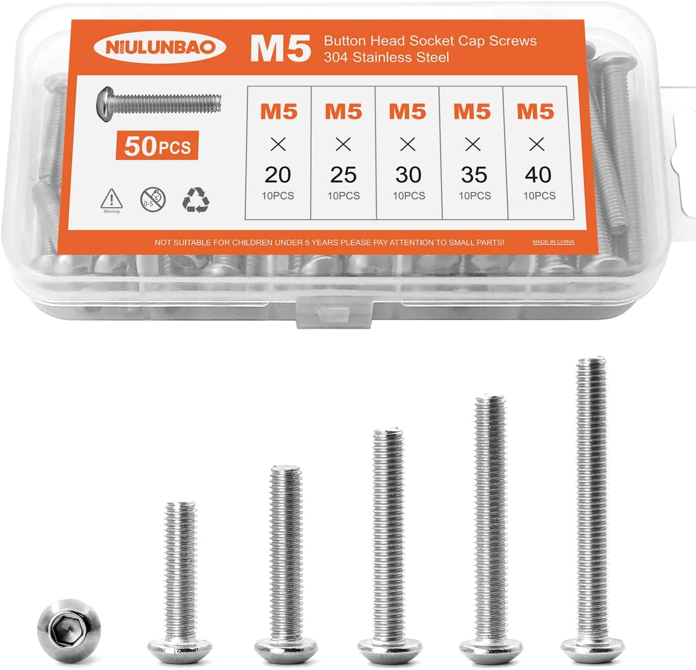 M5 x 20mm 25mm 30mm 35mm 40mm Button Head Socket Cap Screws Bolts 304 Stainless Steel Metric Machine Allen Hex Drive, Fully Grooved, Assortment Kit 50PCS