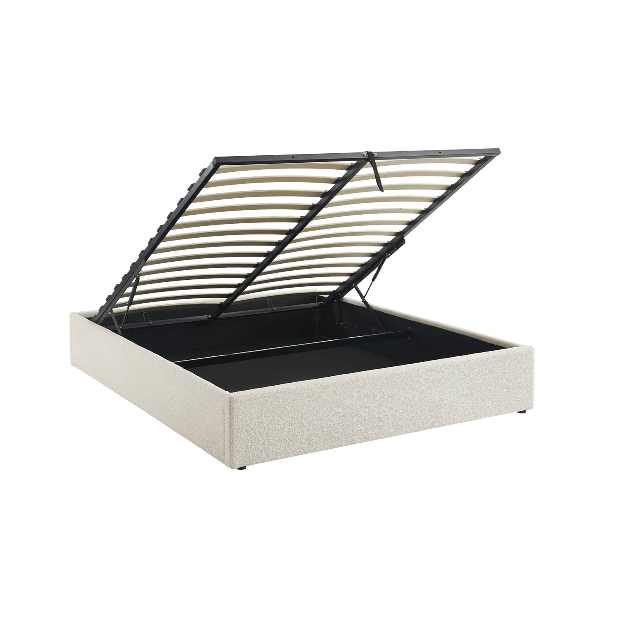 sweeek - Lit Coffre avec sommier à Lattes. Finition Bouclette. Blanc. L 213 x P 166.5 x H 32cm
