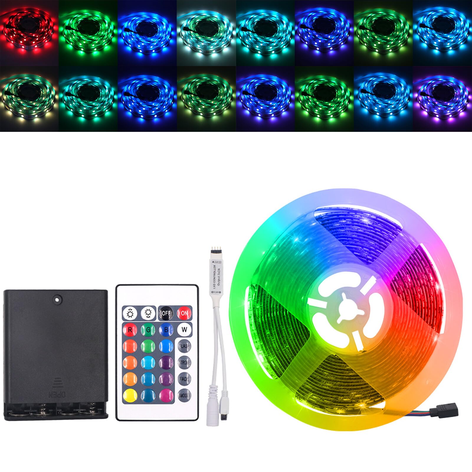 KAFULA 5V RGB LED Light Strip with 4AA Battery Box (with on/Off), 3M Adhesive Backing Installation, 30 LEDs/m 0.5m SMD5050 Flexible LED Fairy Light CRI85+, with 24 Key IR Controller, Home Decoration