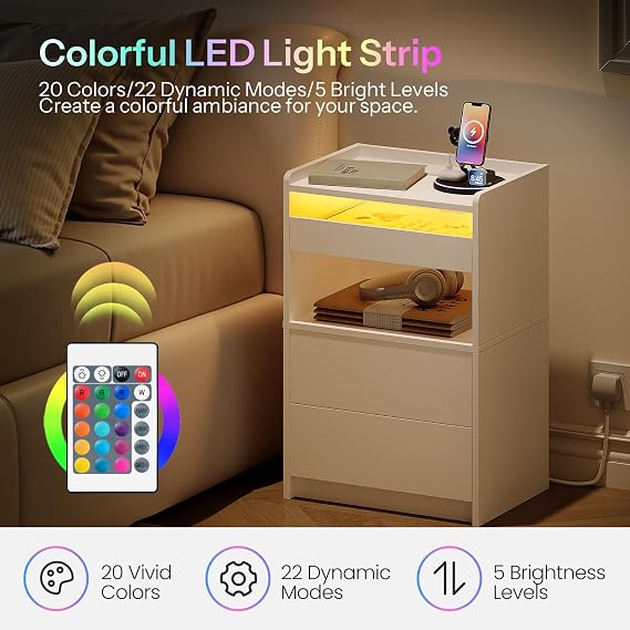 HOOBRO Bedside Table with Charging Station, End Table with 20-Color LED Lights, Nightstand with 1 AC Outlet, 2 USB Ports, 3 Drawers for Bedroom, Living Room, Study, Home Office, White EWT328KDBZ01G1