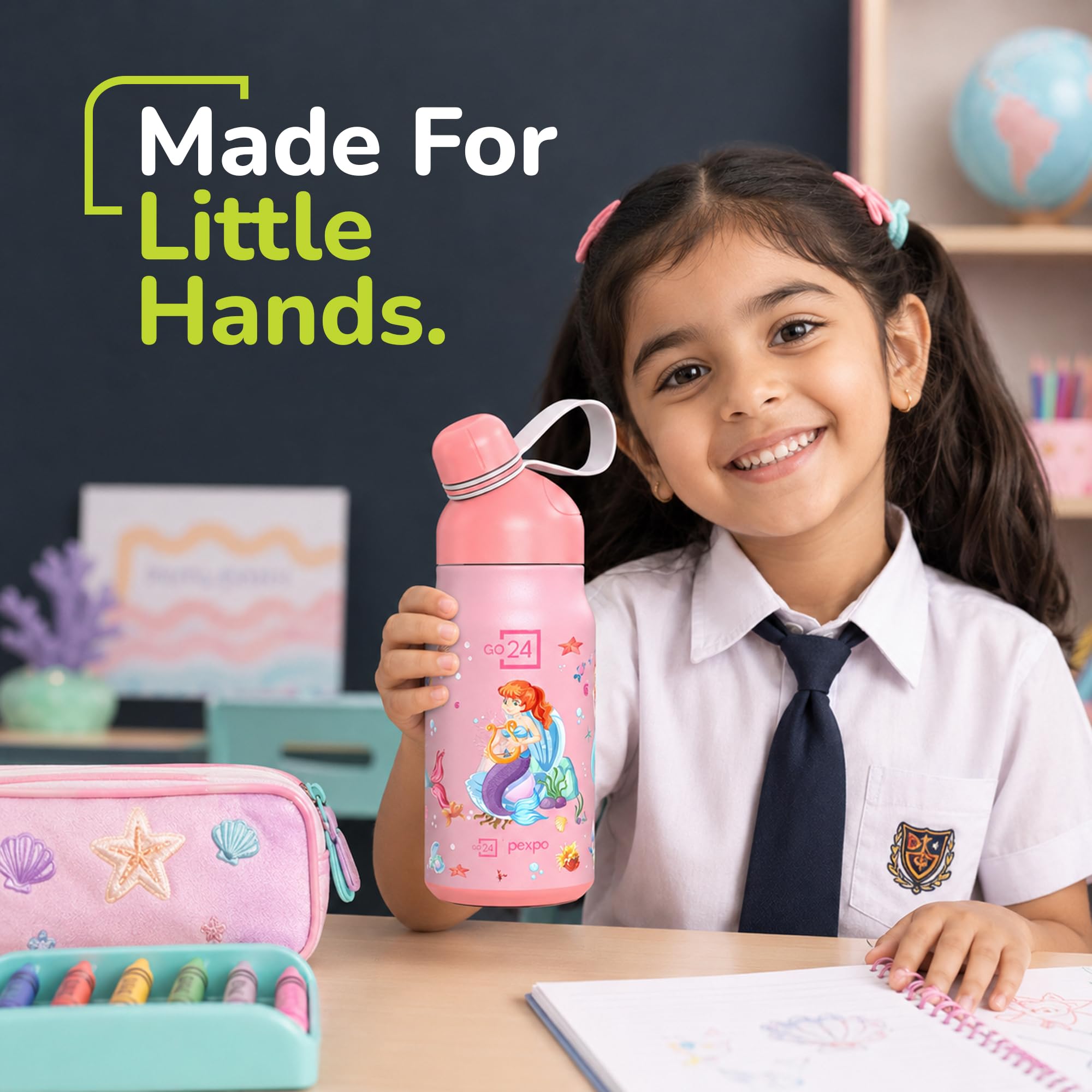 Go24 pexpo Stainless Steel Bottle for Kids Girls Piano Pink - Mermaid 4