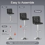 Bar Stools Set of 2, Thickened Seat Cushion Square Swivel Bar Stools with Back, Adjustable Counter Height Bar Chairs for Kitchen Island, Dining Room, Black
