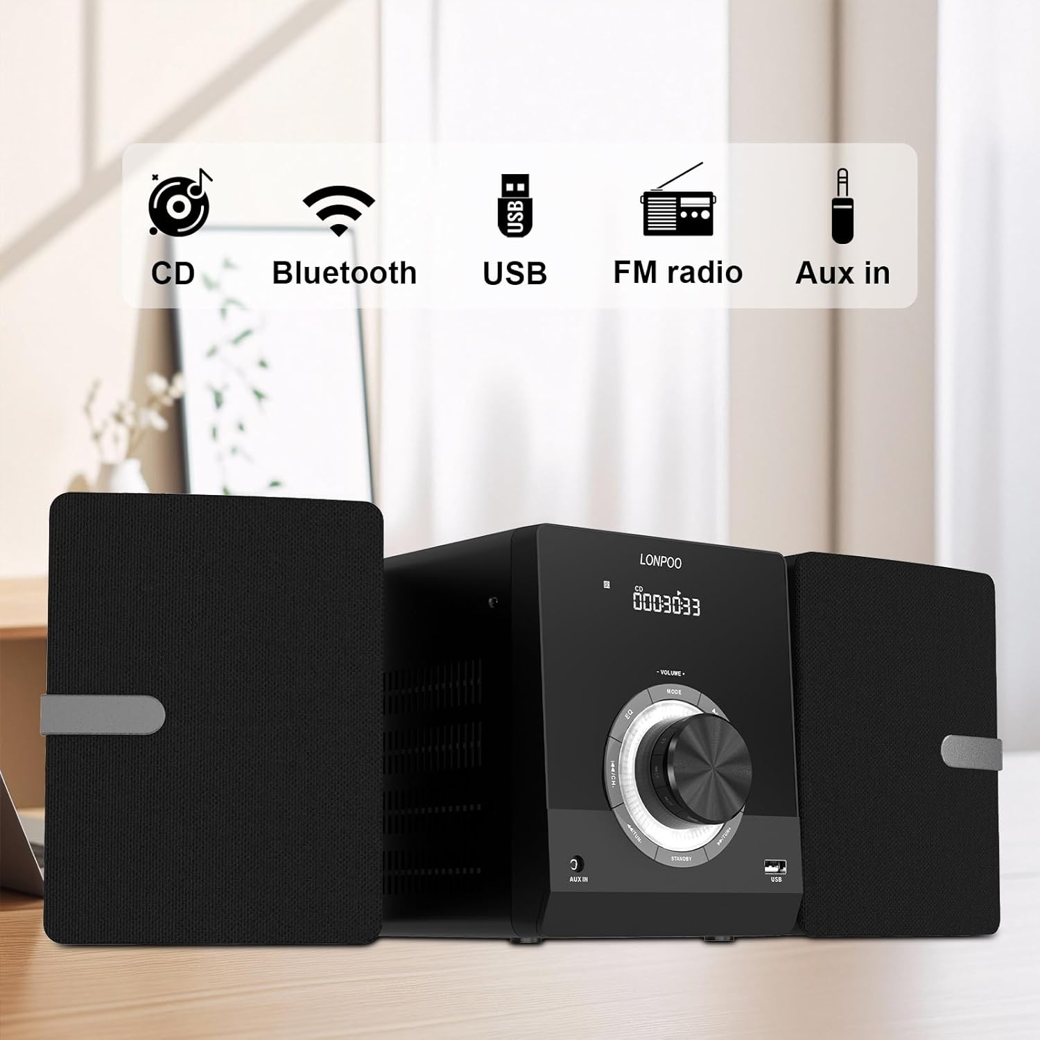 Compact Stereo System Speakers with CD Player, Bluetooth, FM Radio, Aux-in, USB-in, Earphone Jack, DSP-Tech, Remote, 30W Crisp-Sound Shelf Stereo System for Home (LP-886) - Image 2