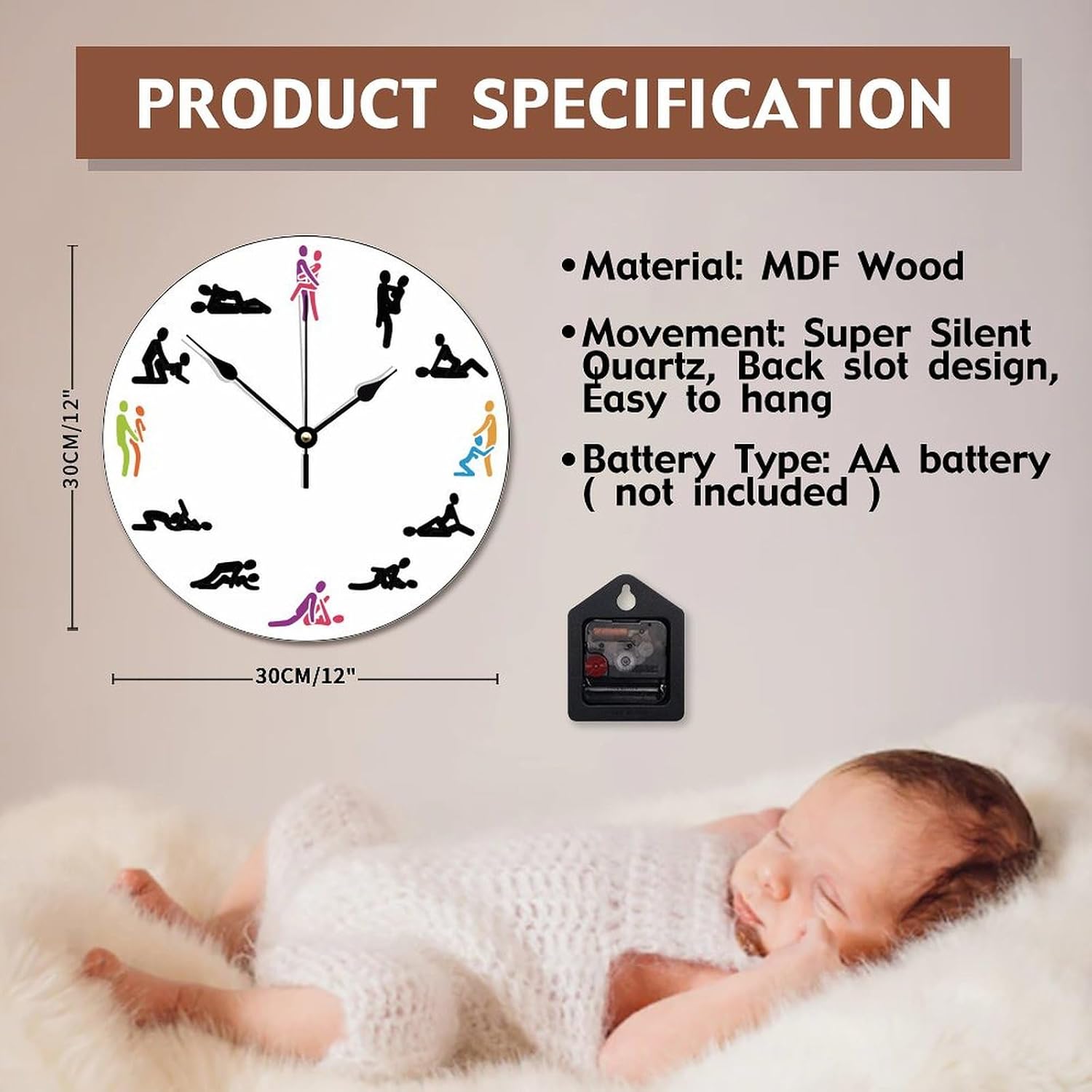 Sex 12 Position Make Love Wall Clock Valentine's Day Gift 12 Inch Round Wall Clocks Battery Operated Boho Retired Living Room Decor Gift for Man Woman Friend Anniversary