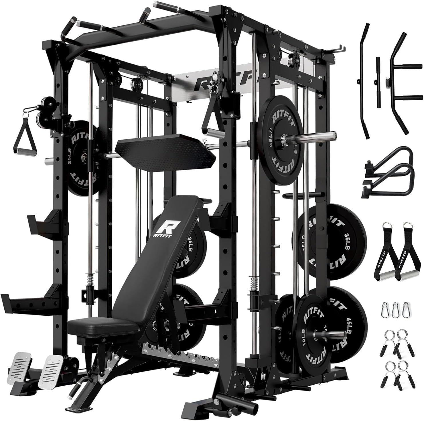 RitFit Buffalo Smith Machine, Power cage with LAT-Pull Down System & Cable Crossover System, All-in-One Squat Rack for Home Gym, Power Rack