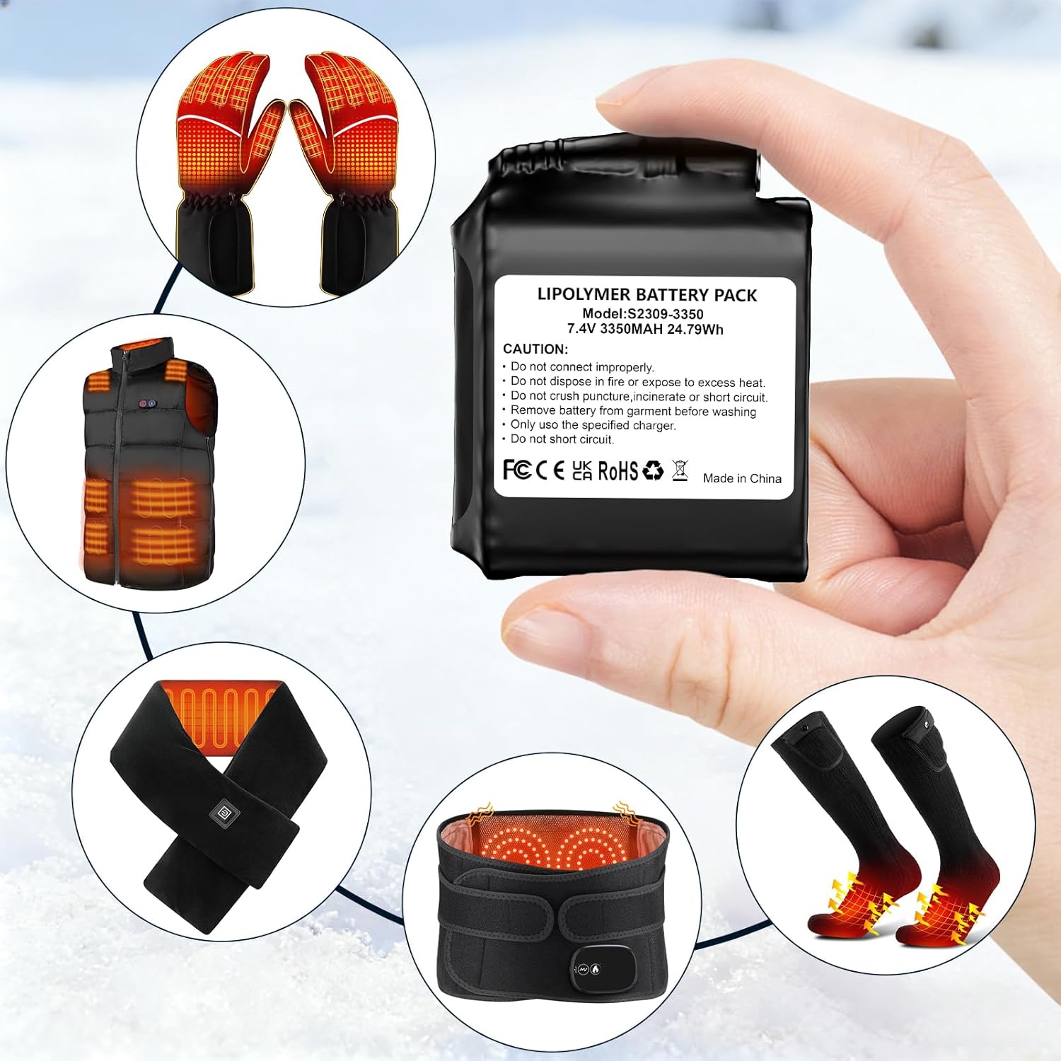 2 Pack Rechargeable Li-Polymer Battery Pack 7.4V 3350mAh Compatible with Heated Gloves, Heated Socks, and Other Outdoor Warming Gear