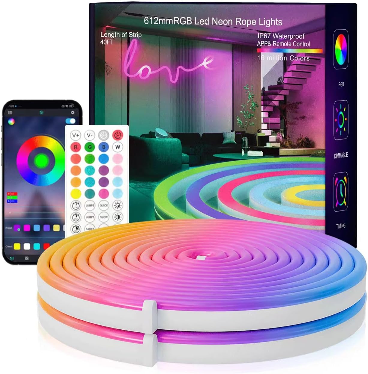 Neon Rope Lights, 20FT RGB LED Strip Lights, Waterproof IP67 LED Lights for Bedroom, DIY Design, Music Sync, 44 Key Remote Control, Multiple Modes for Bedroom, Holiday Decoration