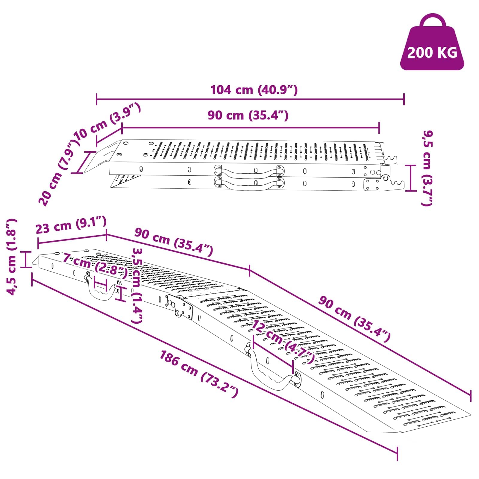 Rampa plegable de acero galvanizado, 186 x 23 x 4,5 cm, capacidad de carga de 200 kg por rampa, plata, antideslizante, plegable, para motocicleta, coche, silla de ruedas, taller, rampa de