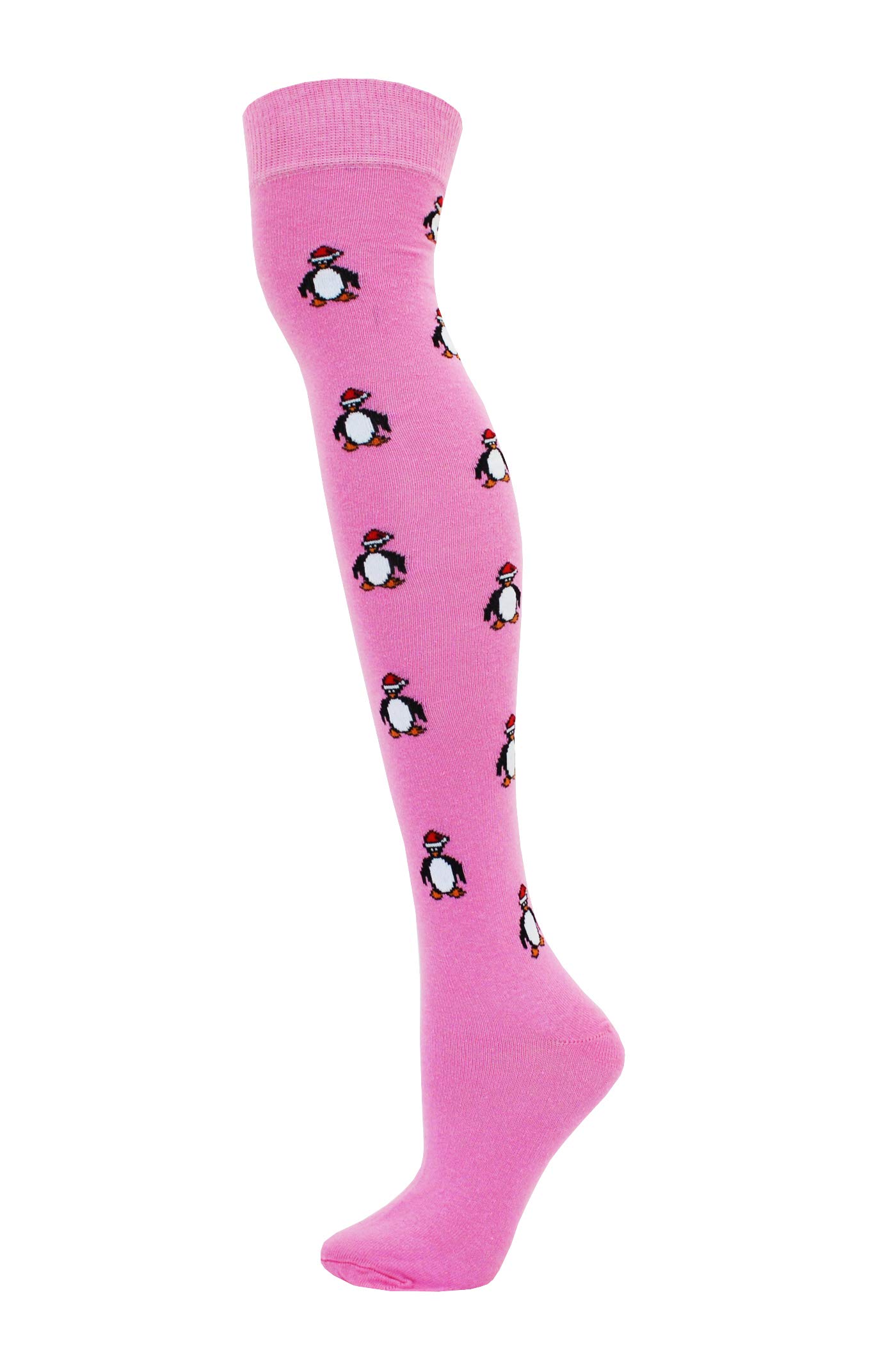 Macahel Festive Bright Cute Over The Knee Penguin Design Print Pink Socks Size 4-8 (Penguin Pink)