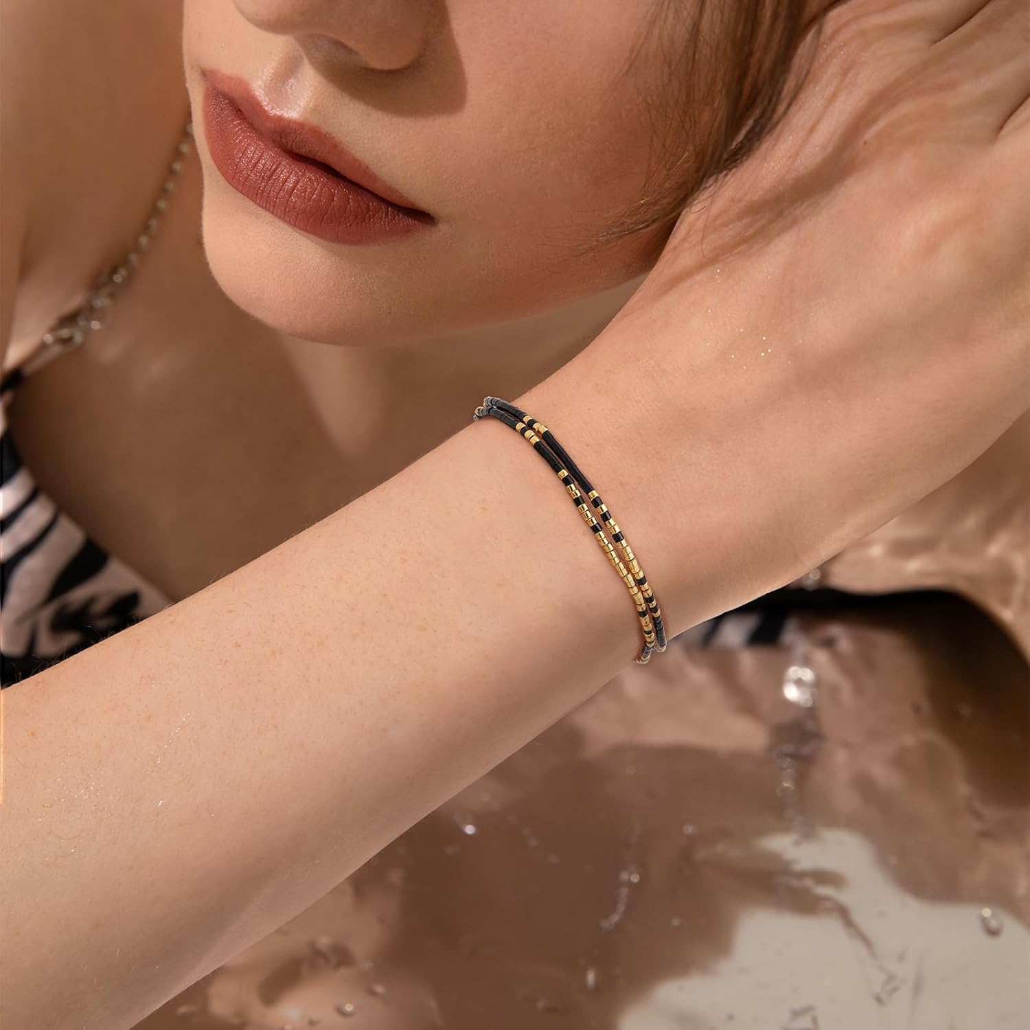 Black Gold Beads Layered Bracelets for Women, Dainty Boho Handmade Adjustable Colorful Beaded Stackable Strand Bracelet Prom Jewelry Gift - Image 2