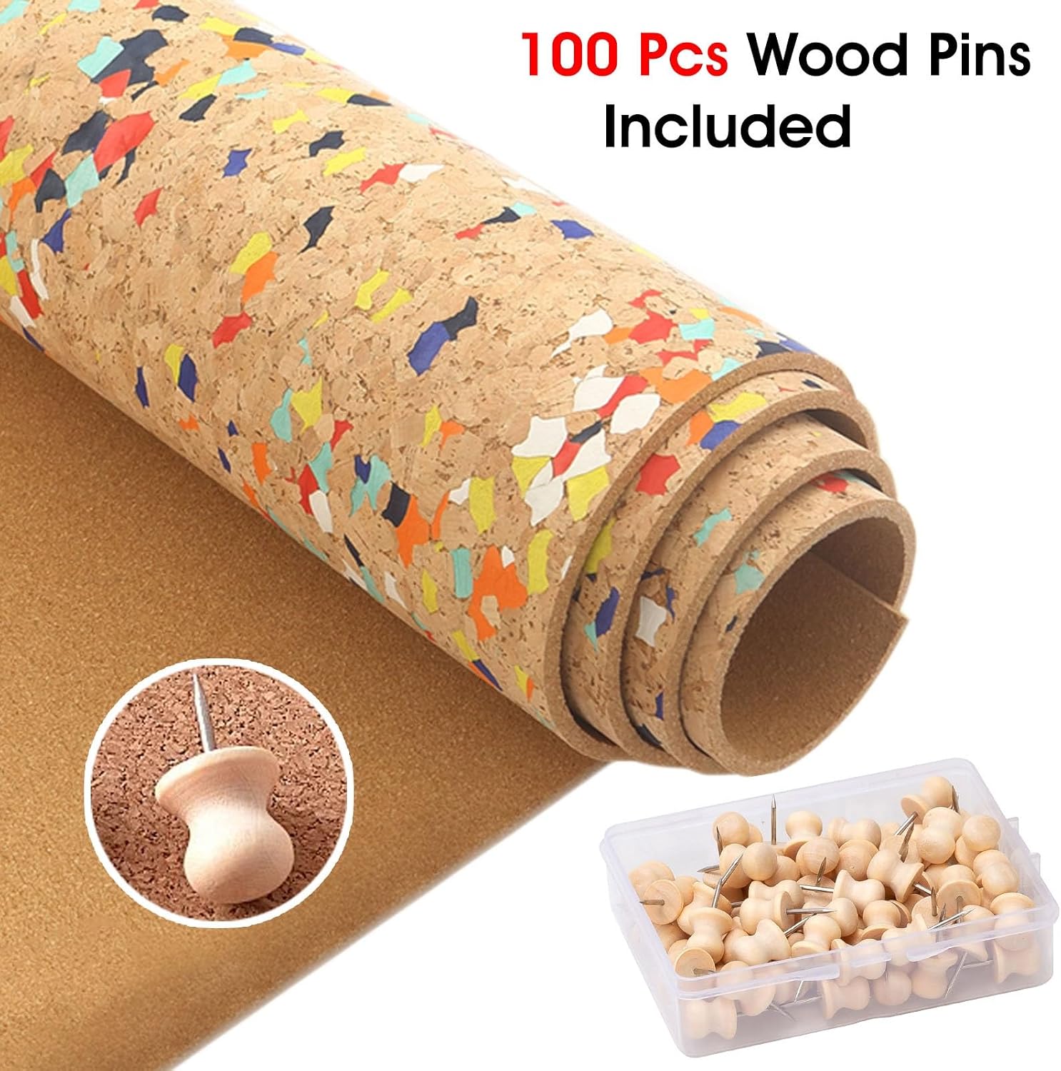 ZAQYCM Colorful Cork Roll with Adhesive Backing, 8mm Thick Wall Pin Boards/Memo Panel with 100 Pcs Wood Pins for Boys Girls Teens Grandson Granddaughter(122x246cm/48x96.8in)