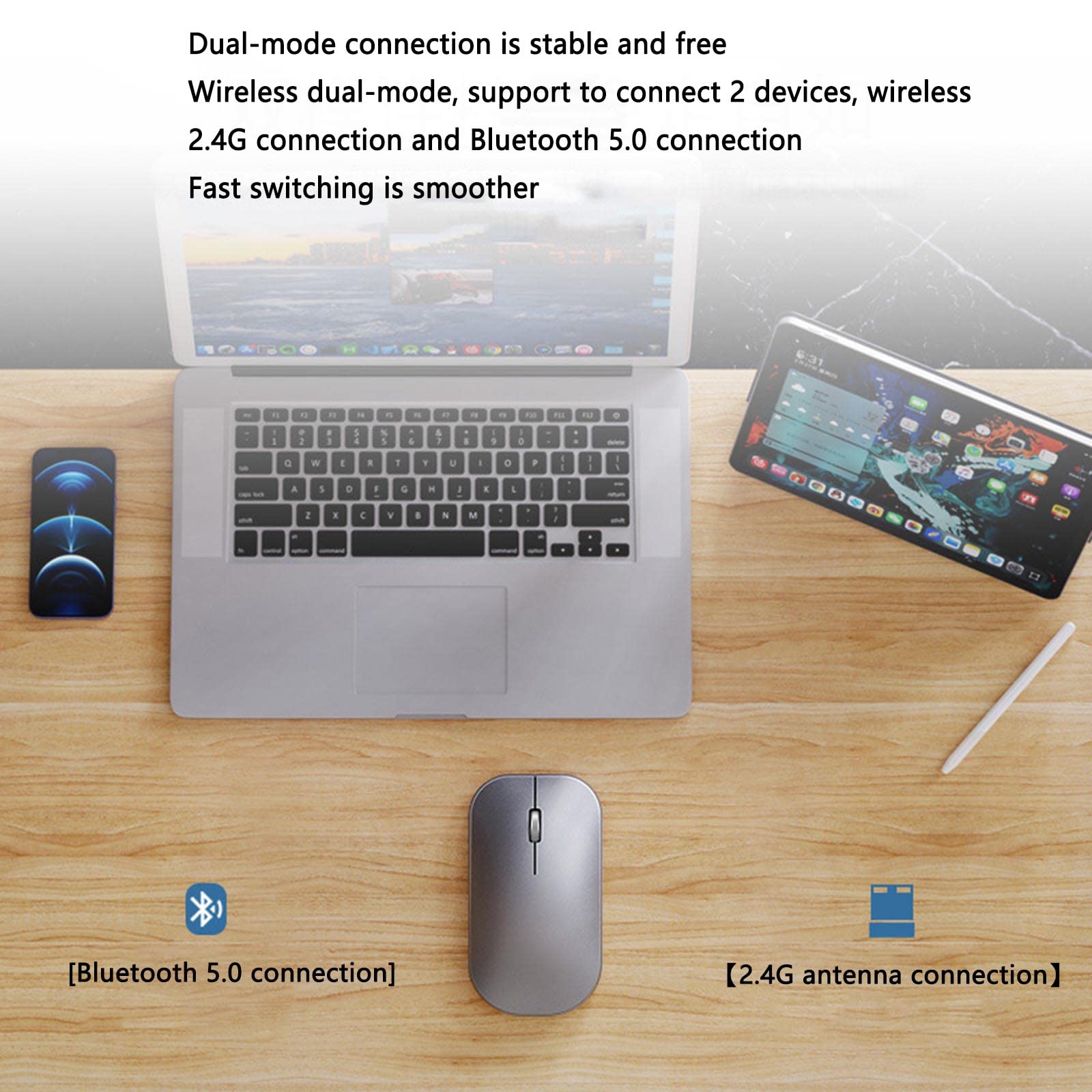 Mysz Mysz bezprzewodowa Mysz komputerowa do laptopa USB do gier Bluetooth Ergonomiczna mysz z możliwością ładowania Urządzenie wskazujące Bezprzewodowa, podwójny tryb Ciche, czterokierunkowe kółko prz