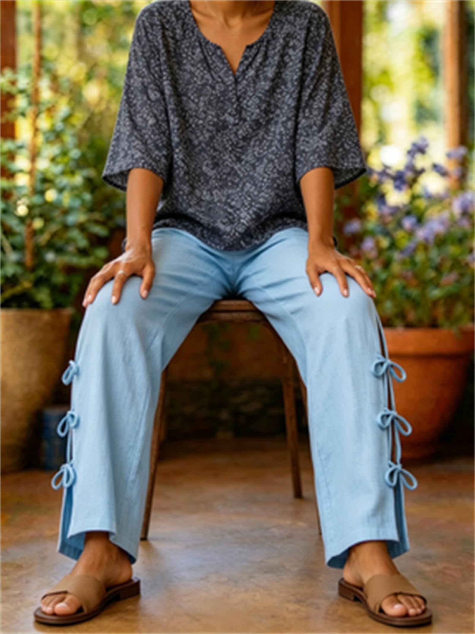 Pantaloni da Donna Casual in Misto Cotone e Lino, vestibilità Ampia, Tinta Unita, Vita Elasticizzata, Spacchi Laterali e Cintura da Annodare; Stile Estivo Boho con Nodo Laterale