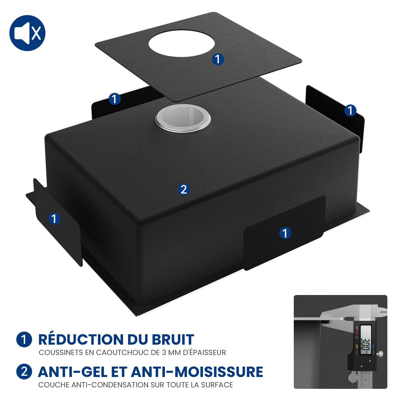 CECIPA Evier Cuisine 1 Bac 60x49CM, Lavabo Cuisine Inox Trous Pour Robinets Et Distributeur De Savon Et Panier TéLescopique, Convient Aux Armoires De Plus De 60CM