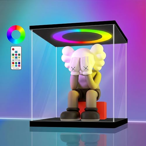LANSCOERY Acrylic Display Case 17.7x17.7x17.7 in, 10mm Base, RGB Ring Light, 3mm Clear Panels, Front Door for Action Figures and Models