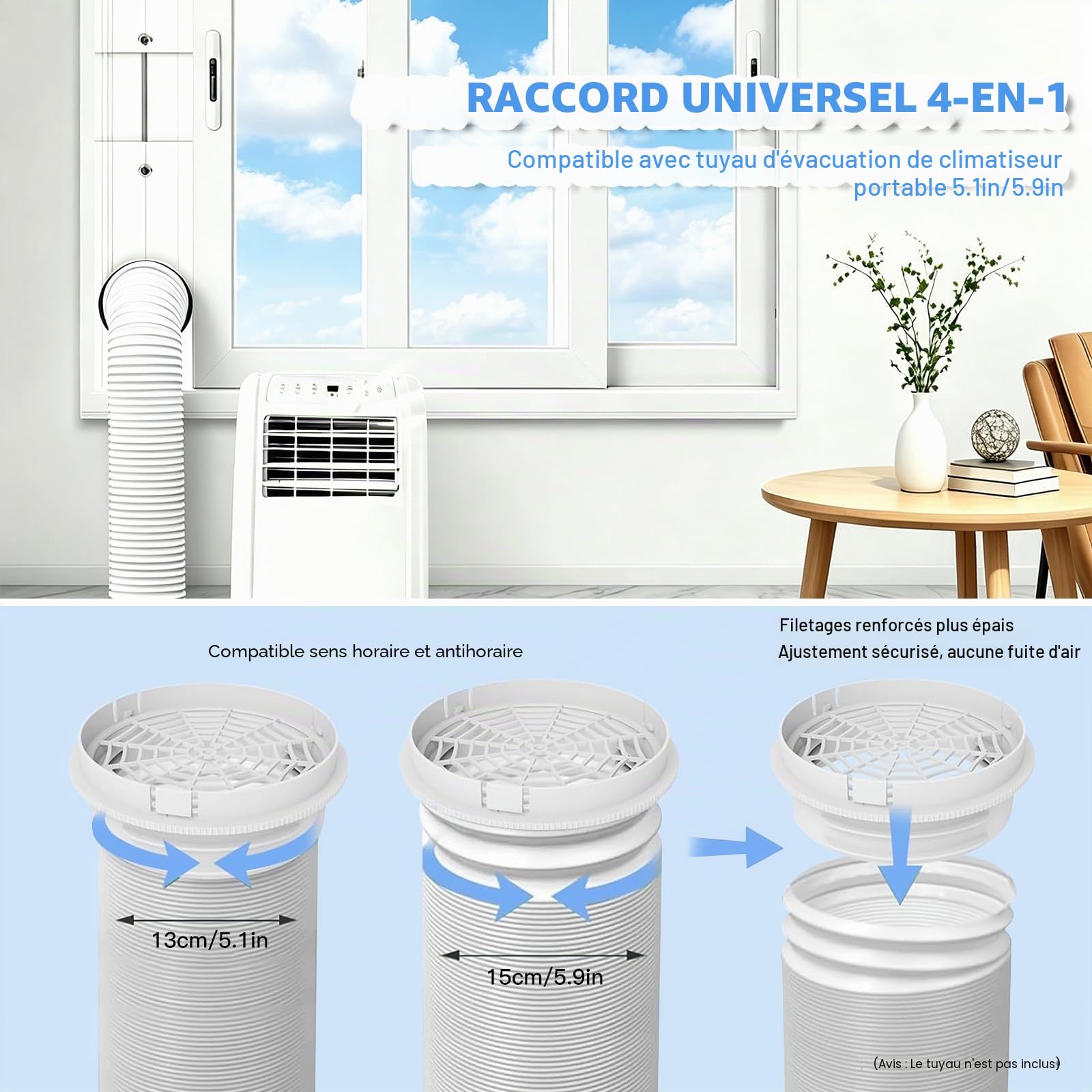 Kit de Fenêtre Climatiseur Mobile, Kit Calfeutrage Baie Vitrée 4 Pièces, Joint de Fenêtre Réglable avec Adaptateur Universel Ø13/15cm, Plaque d'Évacuation pour Fenêtre Coulissante et Velux
