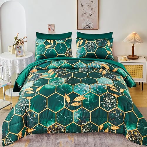 ZRNBAST Juego de edredón hexagonal verde esmeralda, juego de ropa de cama geométrico de panal de abeja, 7 piezas en una bolsa con patrón estampado