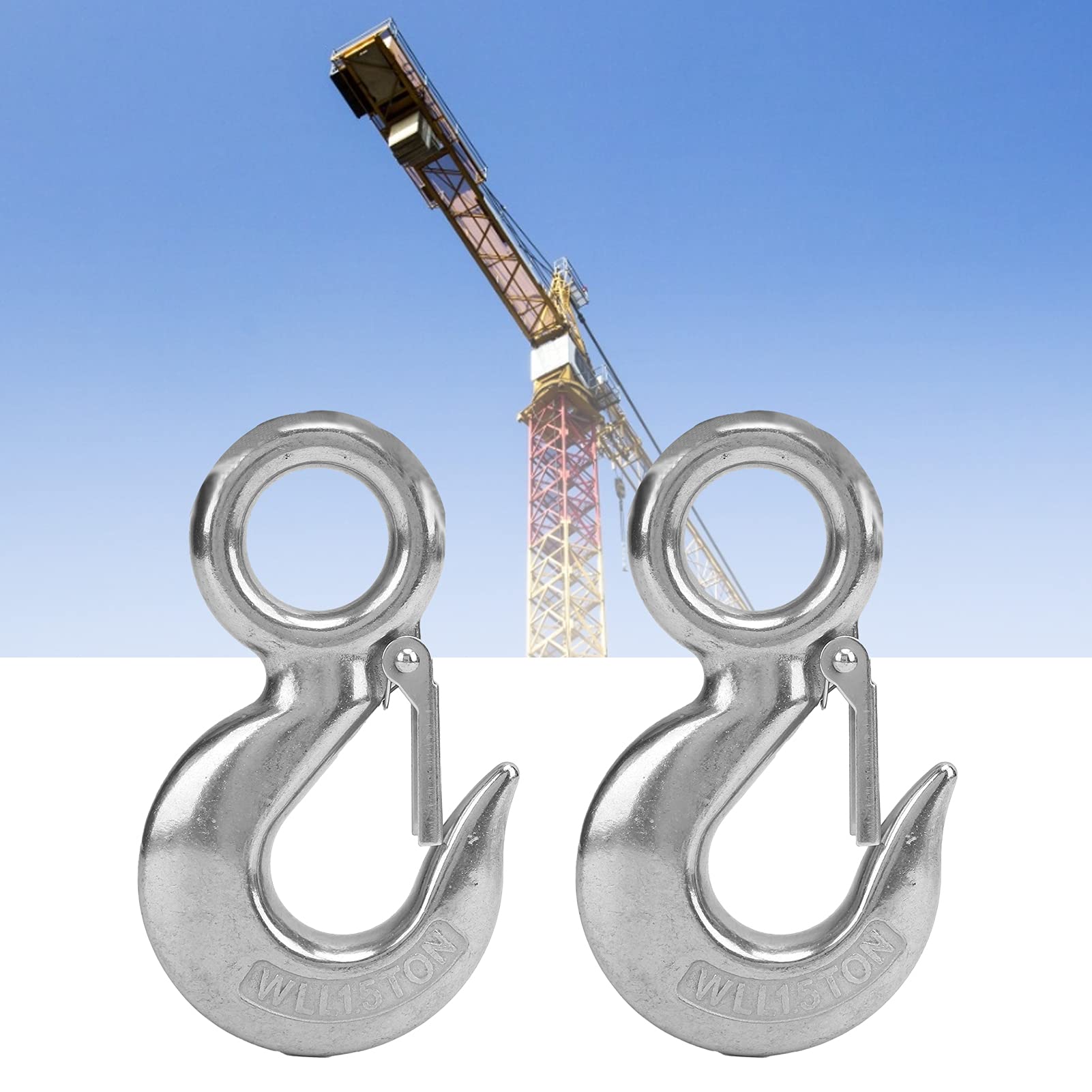Crochet de levage inox 1,5 tonnes avec loquet de sécurité – 2 pièces, poli miroir, résistant à l'eau de mer – pour câbles, grue et usage maritime