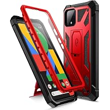 Poetic Spartan Series Designed for Google Pixel 4 5.7 inch Case, Full-Body Rugged Dual-Layer Metallic Color with Premium Leather Texture Shockproof Protective Cover with Kickstand, Metallic Red