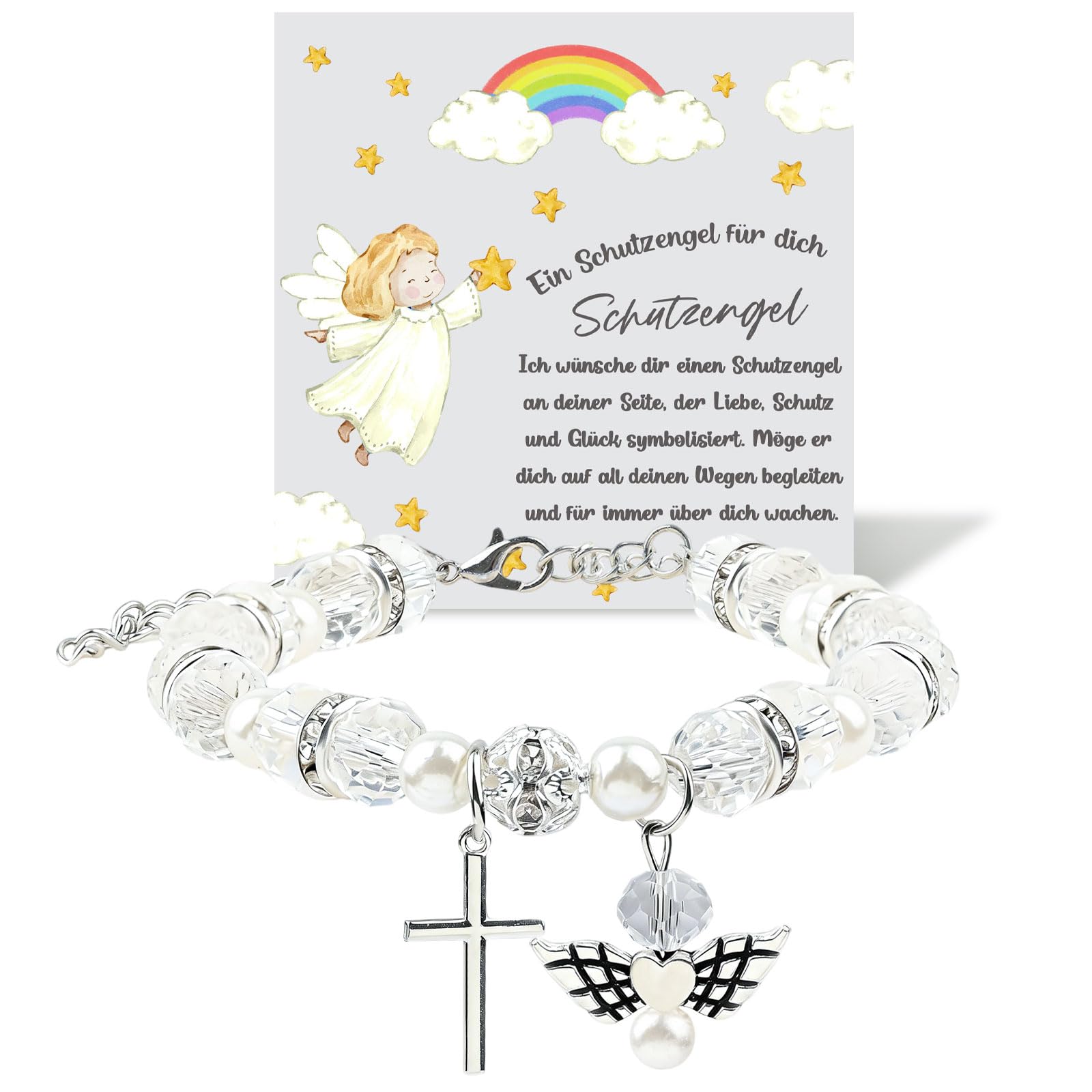 GGXDH Kommunion Armband Geschenke für Mädchen, Verstellbar Kristallperlen Armbänder Taufgeschenk mit Schutzengel Kreuz Charme, Erstkommunion Konfirmation Glücksbringer Geschenke (Transparente)